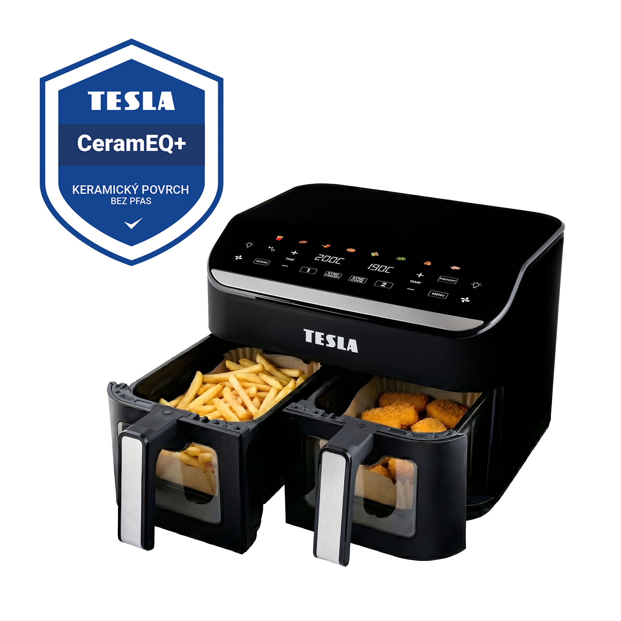 Friggitrice ad aria doppia Tesla nera con un cestello di patatine e uno di nuggets.
