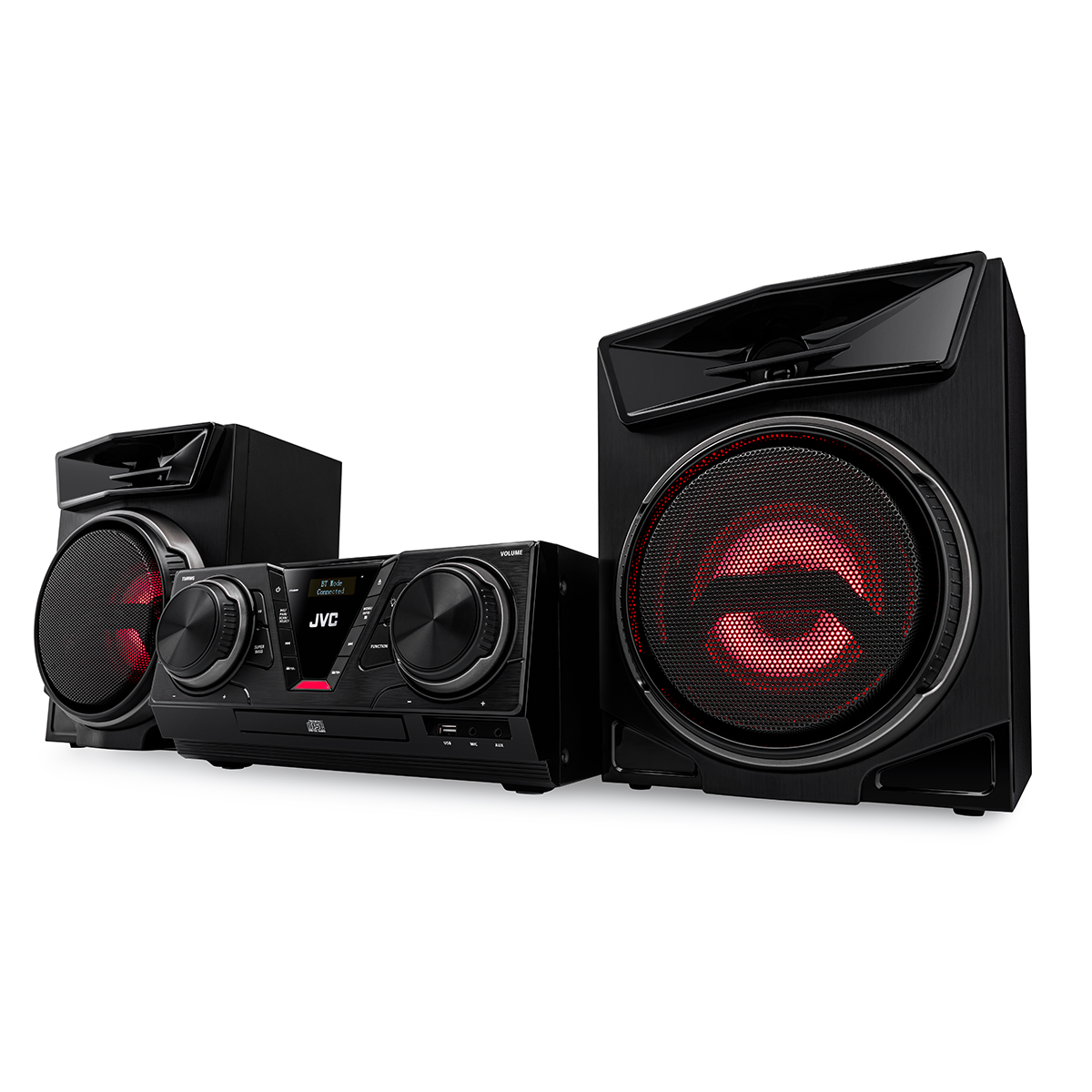 Czarny system stereo JVC z dwoma głośnikami, jednym dużym i jednym małym. Czerwone światła świecą z głośników.