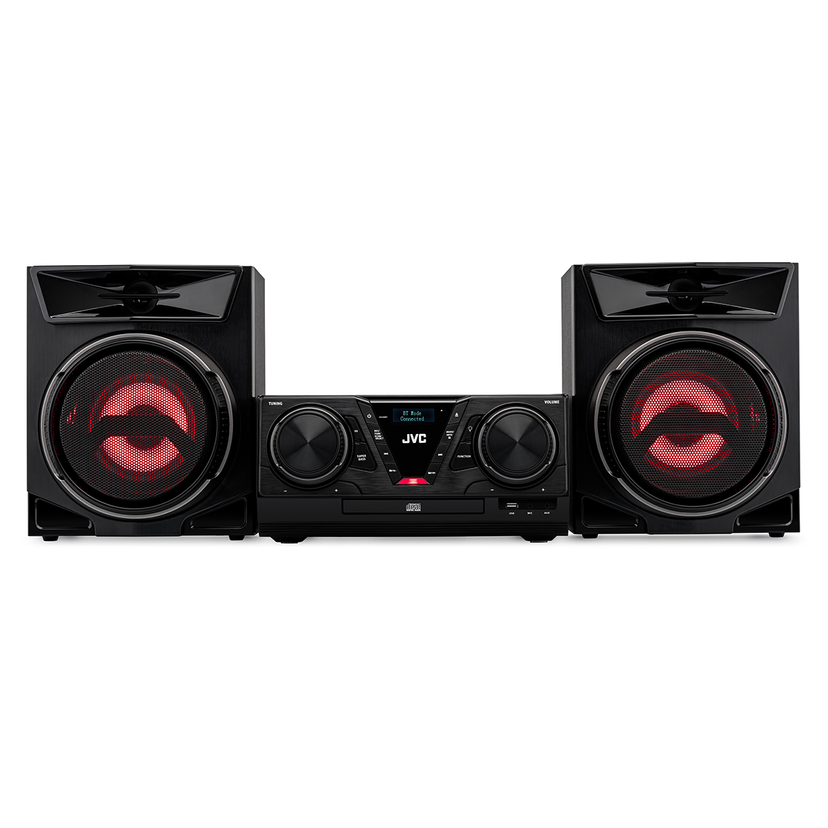 Czarny system audio JVC z dwoma głośnikami i jednostką centralną z odtwarzaczem CD.