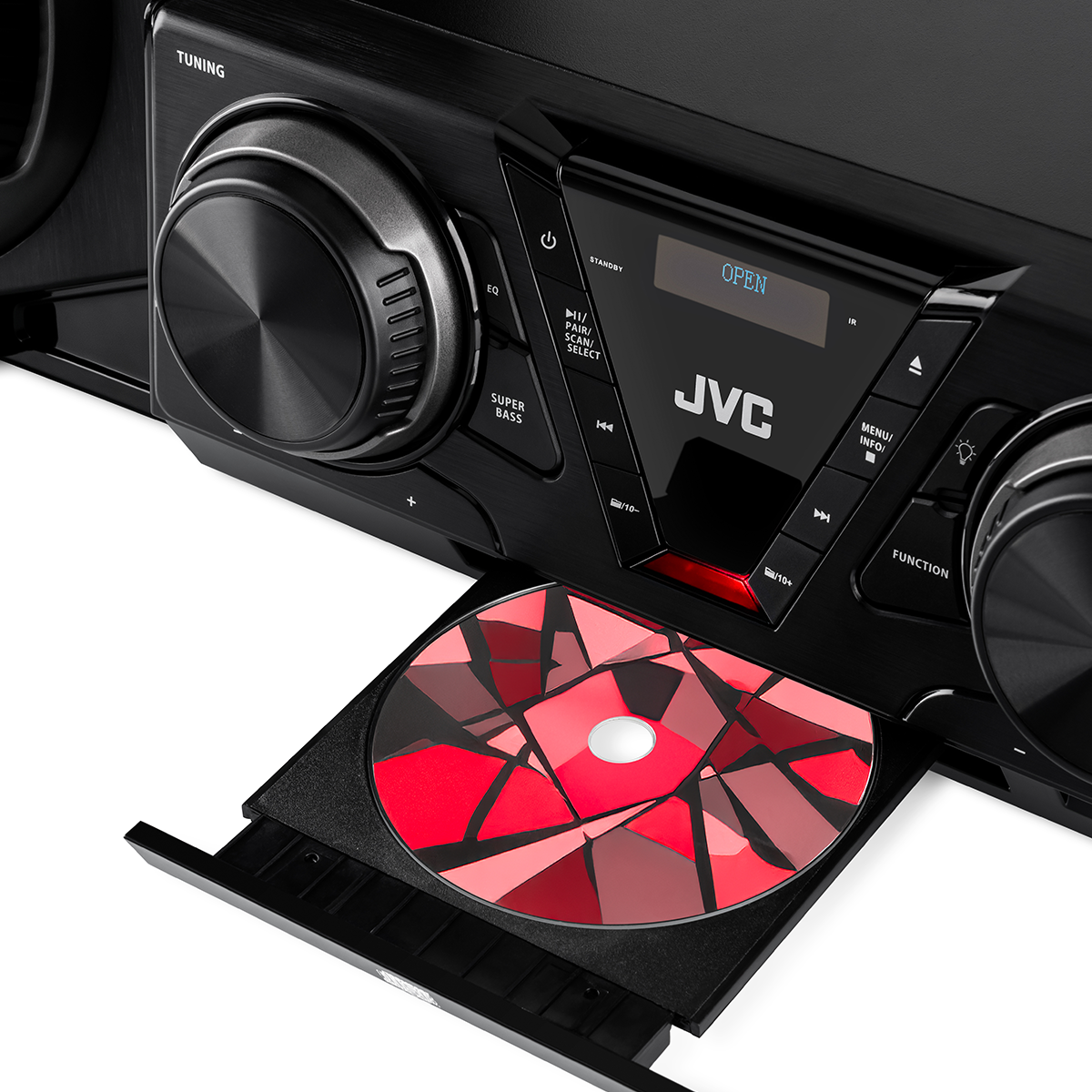 Czarny odtwarzacz CD JVC z włożoną płytą CD i otwartą tacką.