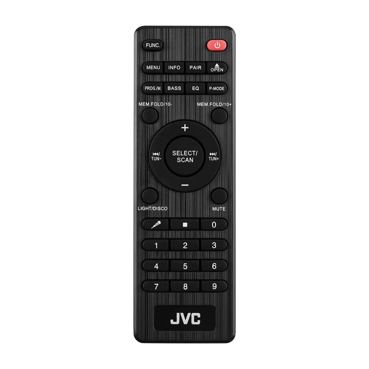 Czarny pilot JVC z przyciskami numerycznymi i nawigacją.