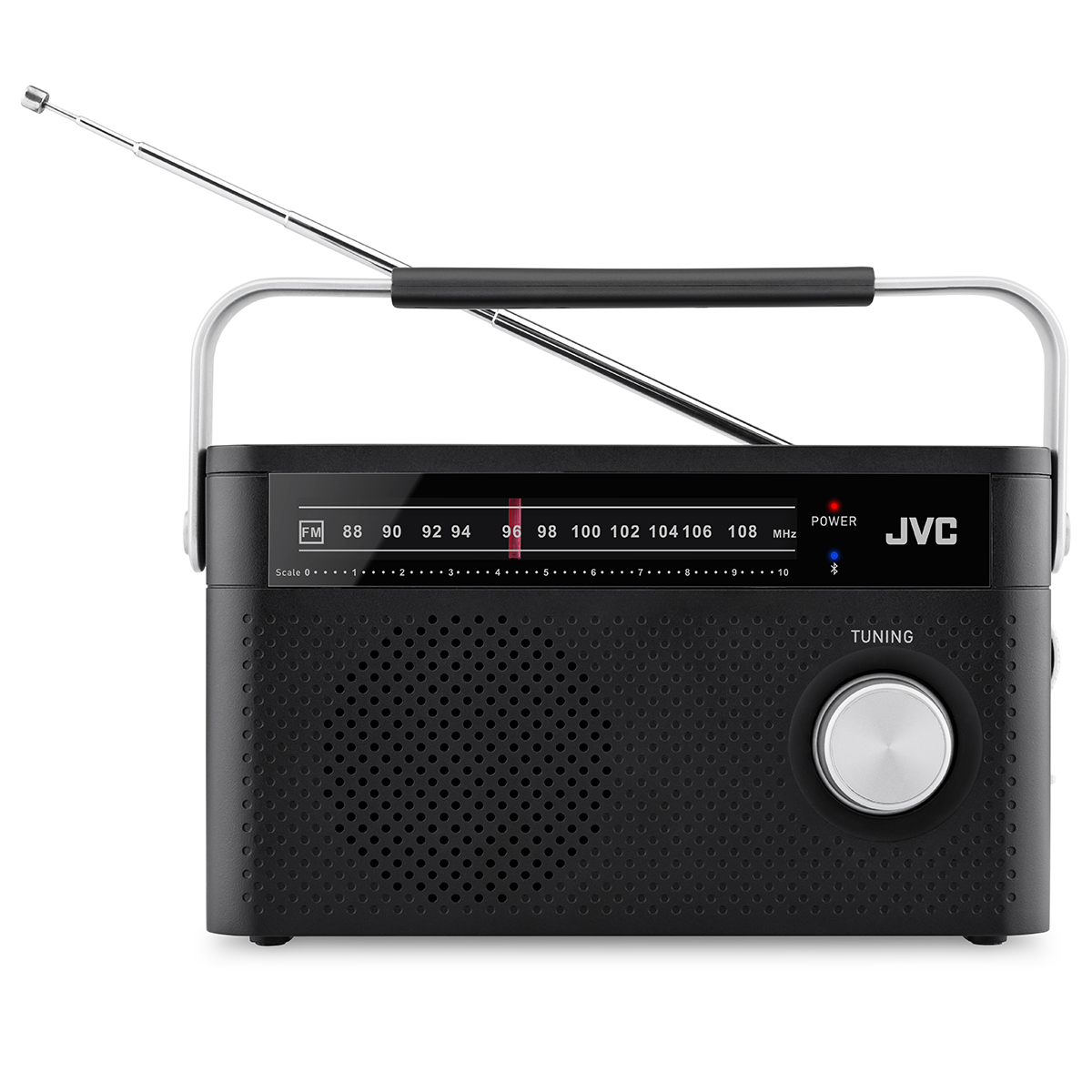 Czarno-białe radio JVC z wysuwaną anteną, grillem głośnika i pokrętłem strojenia.