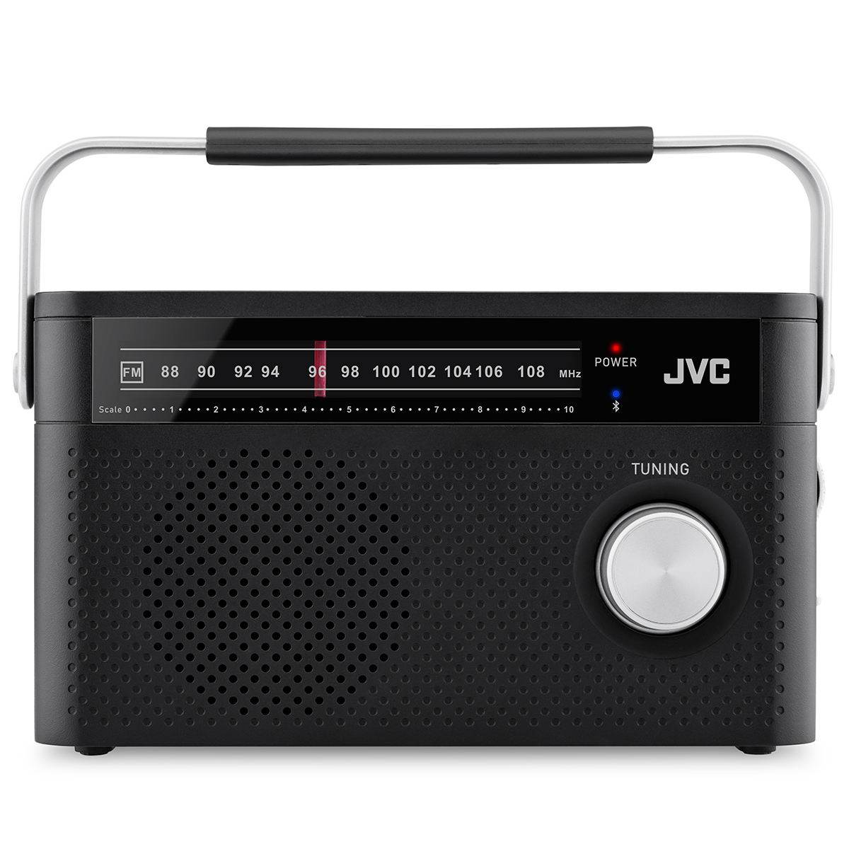 Czarno-srebrne radio JVC z podziałką FM, pokrętłem strojenia i uchwytem.