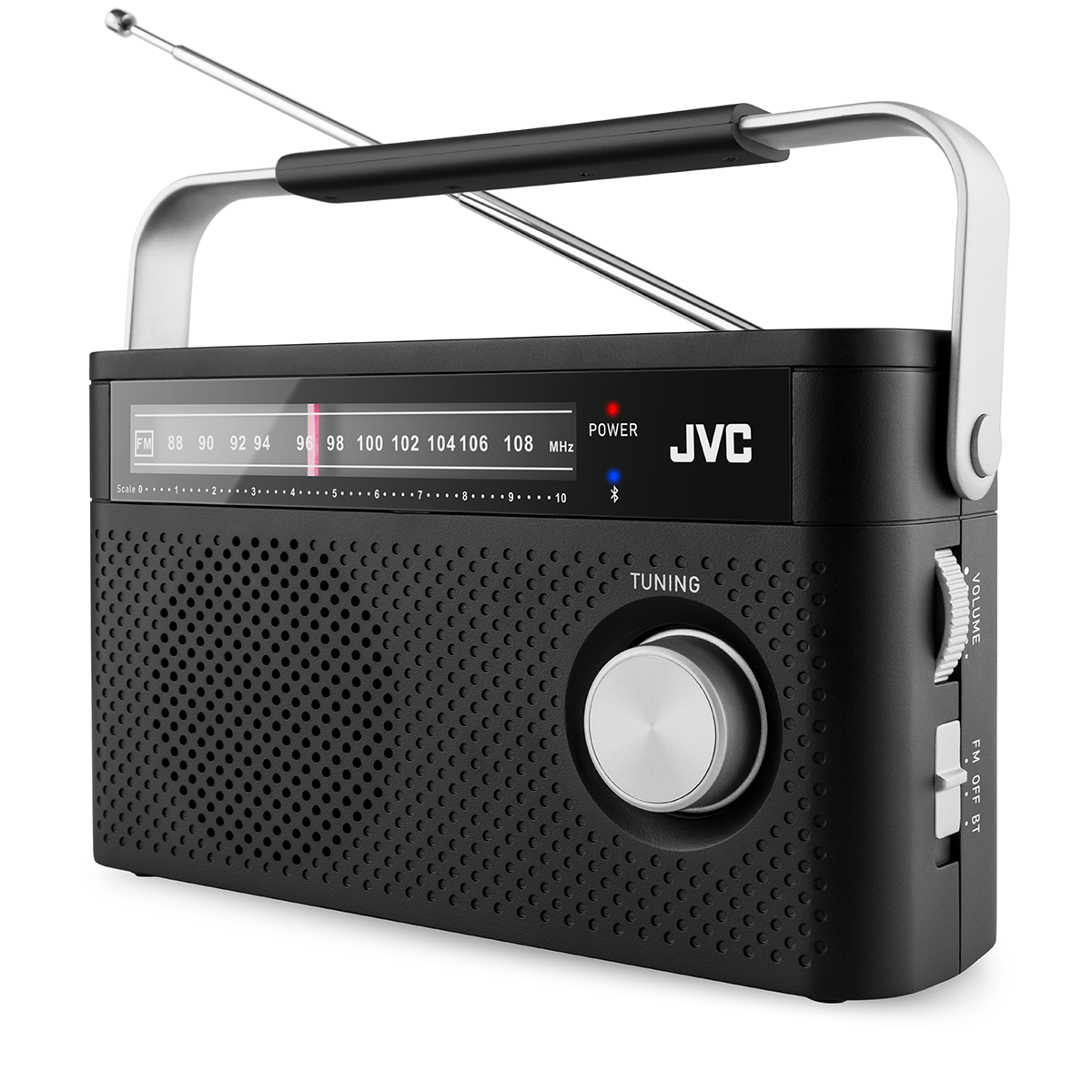 Czarna radio JVC ze srebrnym uchwytem, anteną i skalą FM.