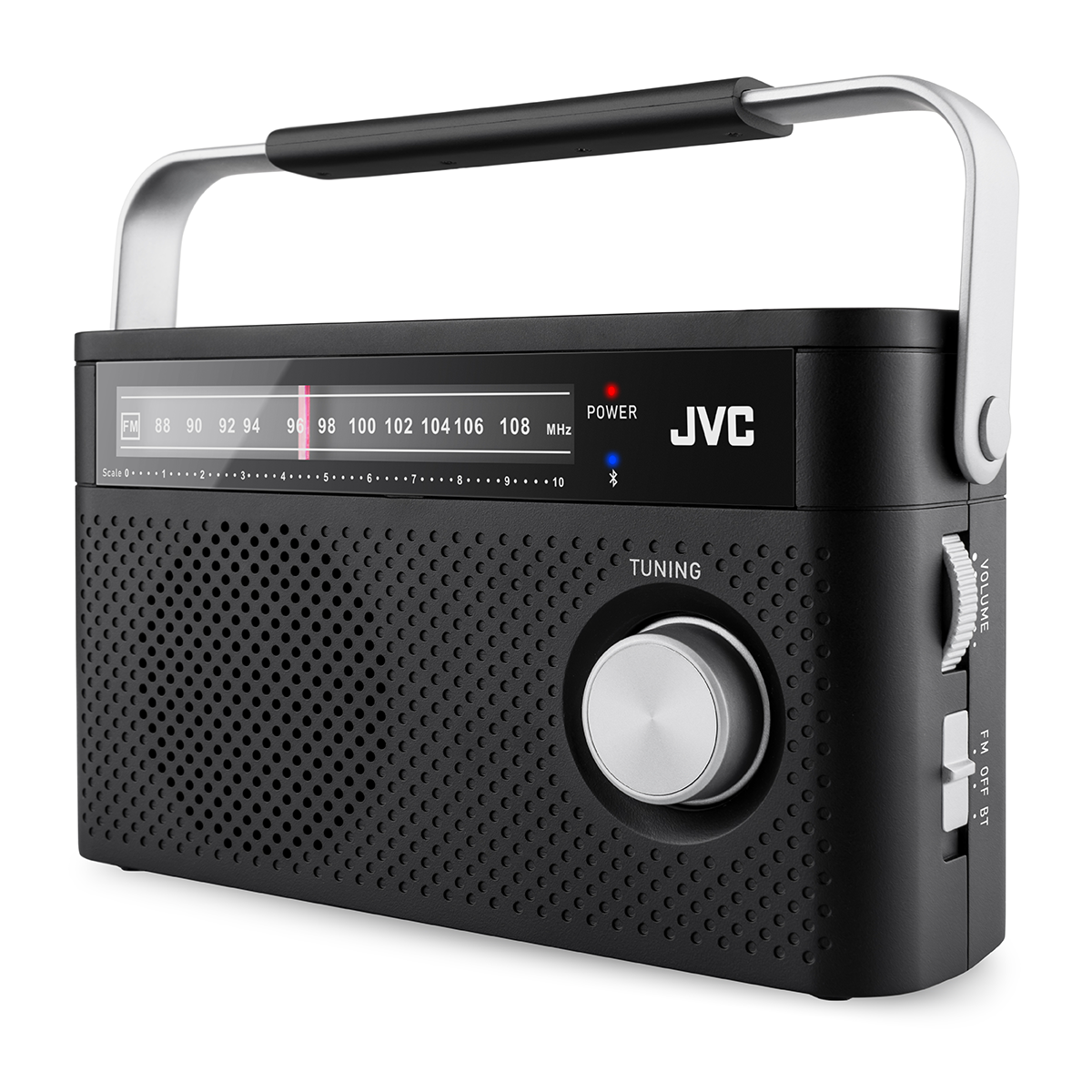 Czarno-srebrna radiostacja JVC z uchwytem, pokrętłem strojenia i głośności.