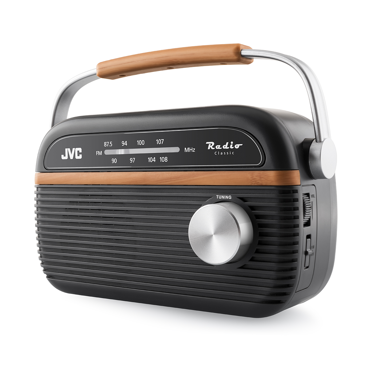 Retro radio JVC z czarnym korpusem, drewnianymi akcentami, srebrną rączką i pokrętłem strojenia.