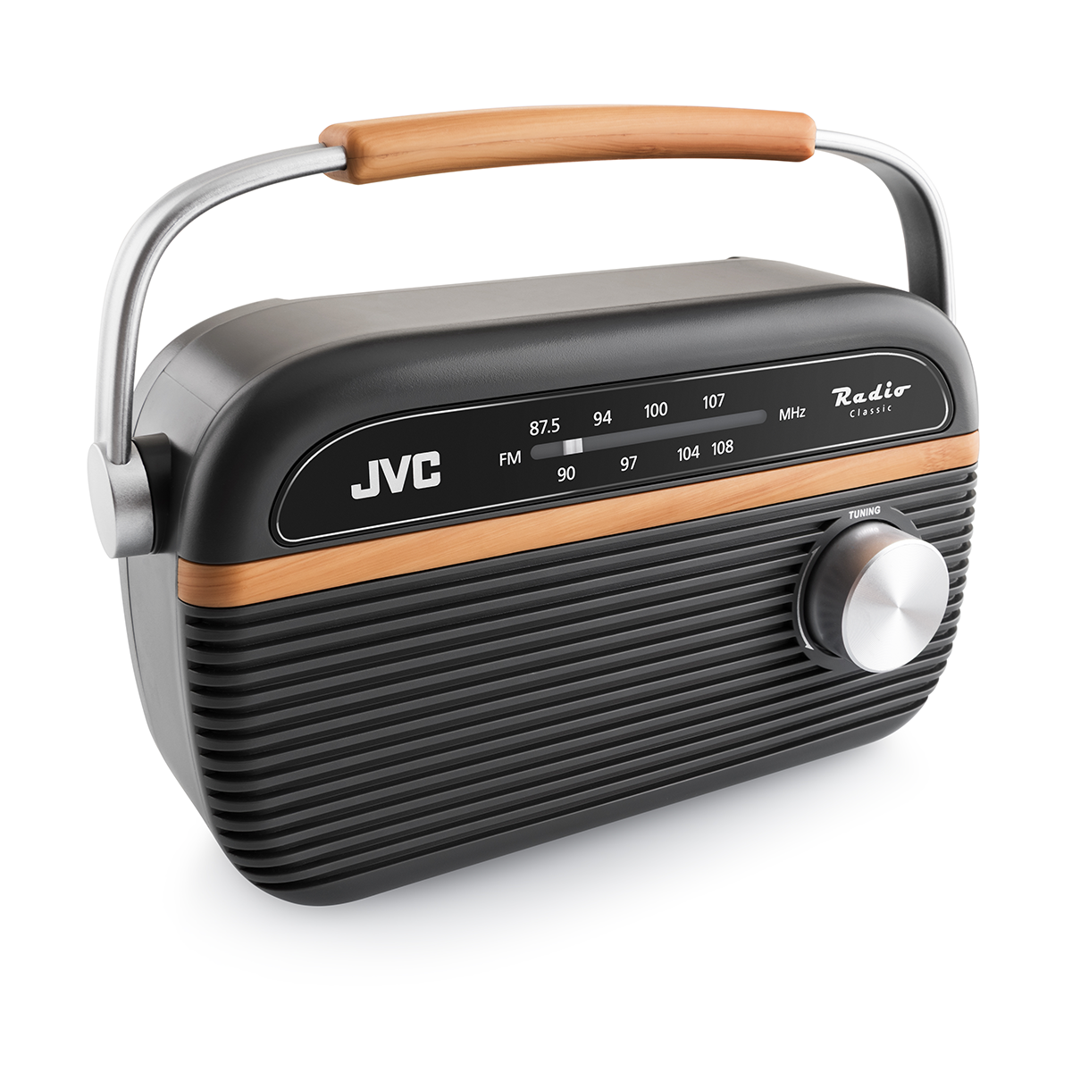 Czarno-drewniane radio JVC ze srebrnym pokrętłem strojenia na białym tle.