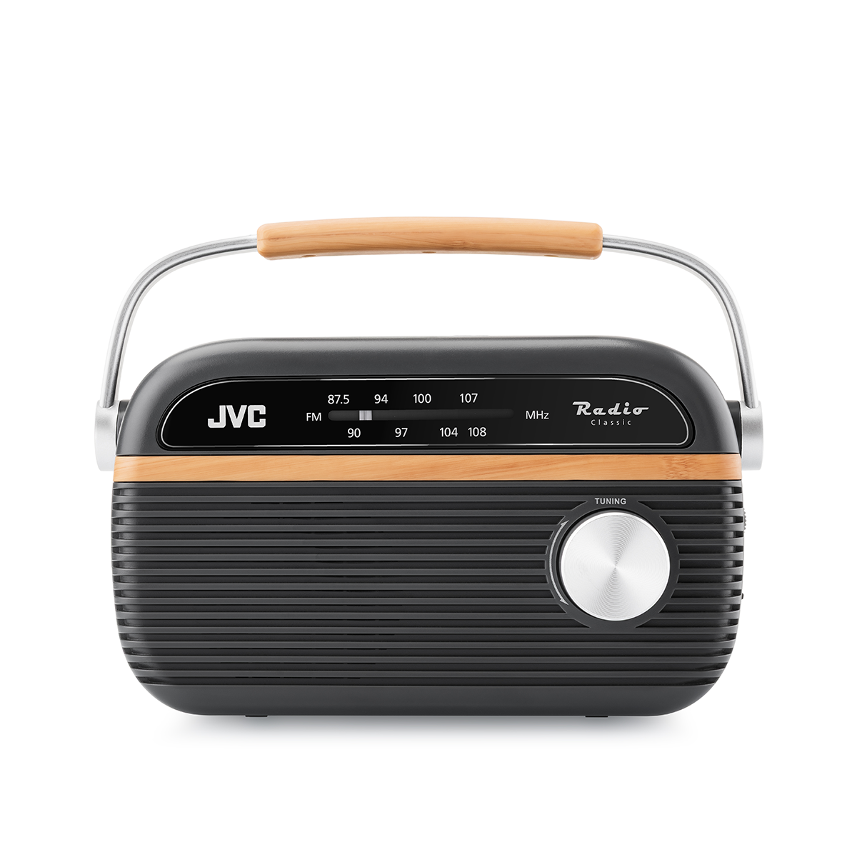 Czarno-drewniane radio JVC w stylu retro z srebrnym pokrętłem.