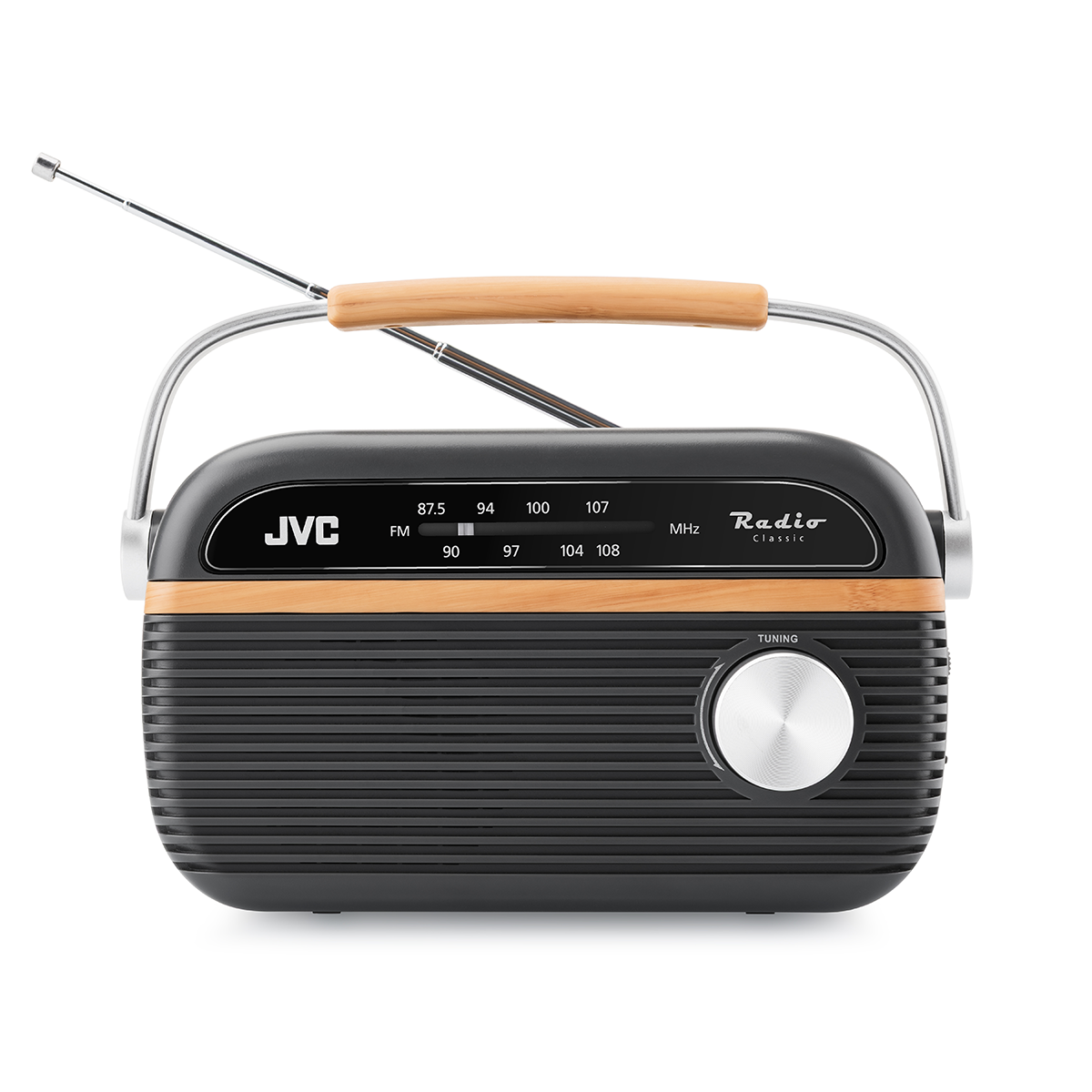 Czarno-drewniane radio retro JVC ze srebrnym pokrętłem.