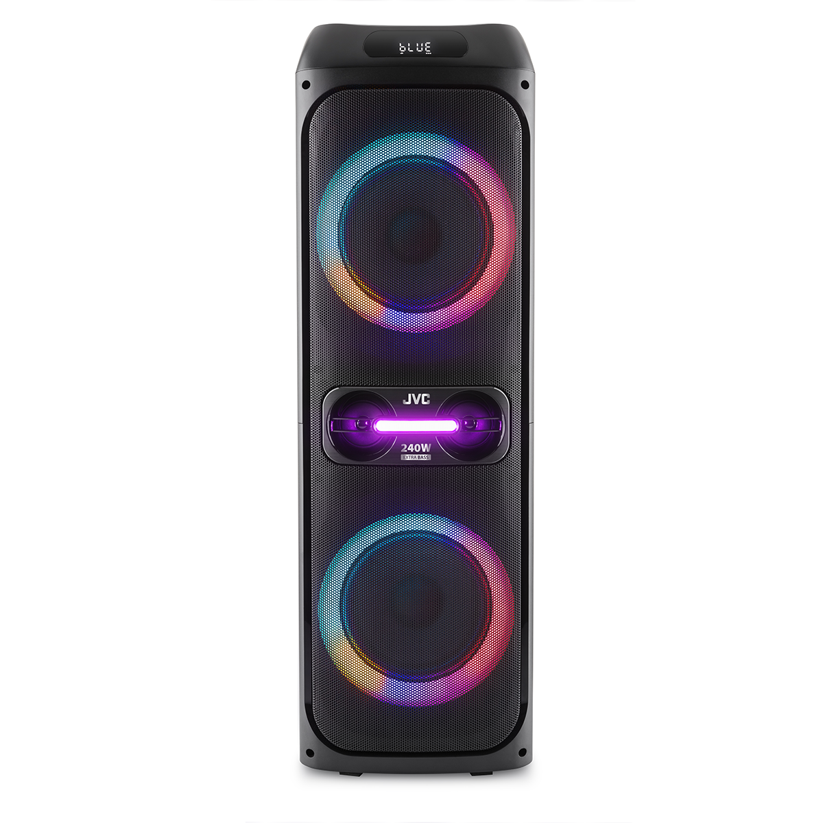 Czarny głośnik JVC z kolorowymi pierścieniami LED i 240W EXTRA BASS