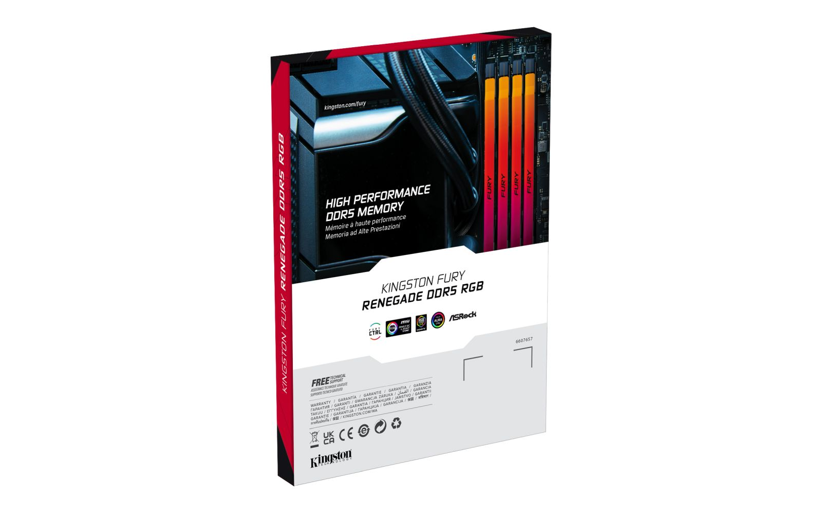 Verpackung mit Kingston Fury Renegade DDR5 RAM-Modulen und RGB-Beleuchtung.