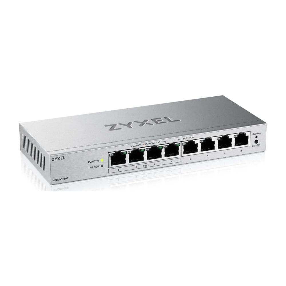 Srebrny 8-portowy przełącznik sieciowy Zyxel GS1200-8HP.