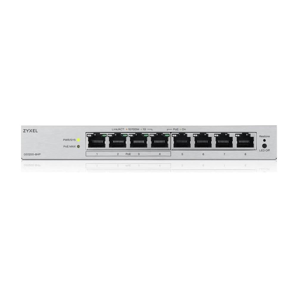 8-portowy przełącznik sieciowy Zyxel GS1200-8HP z diodami LED.