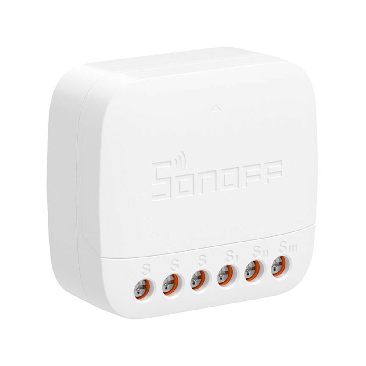 Un interruttore smart Sonoff bianco con morsetti a vite S, S1, S2, S3.