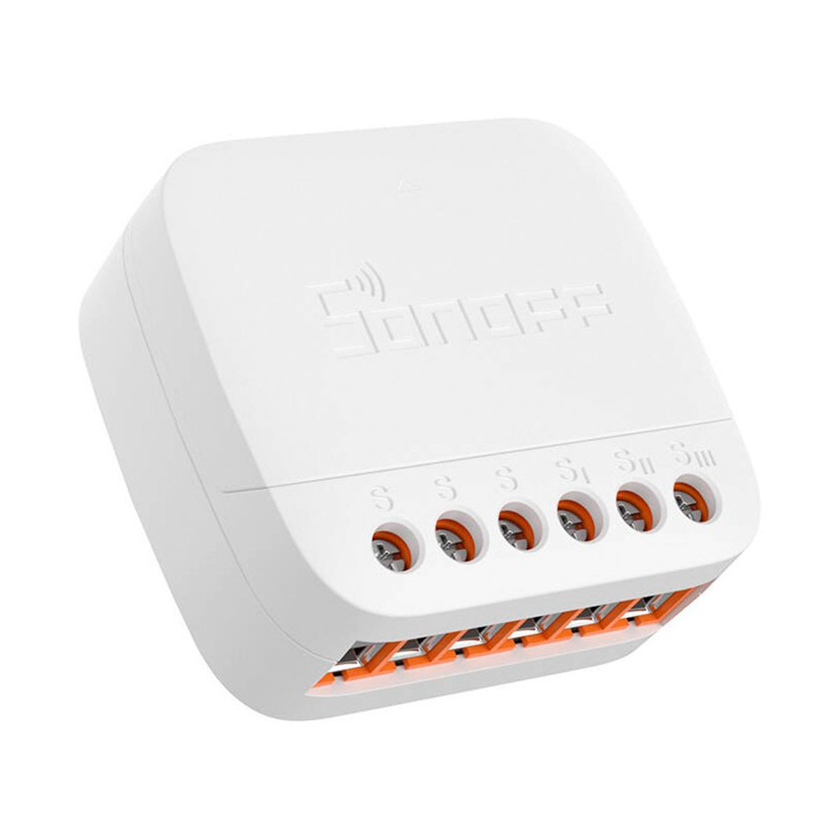 Un relè bianco per la smart home con etichette e morsetti a vite.