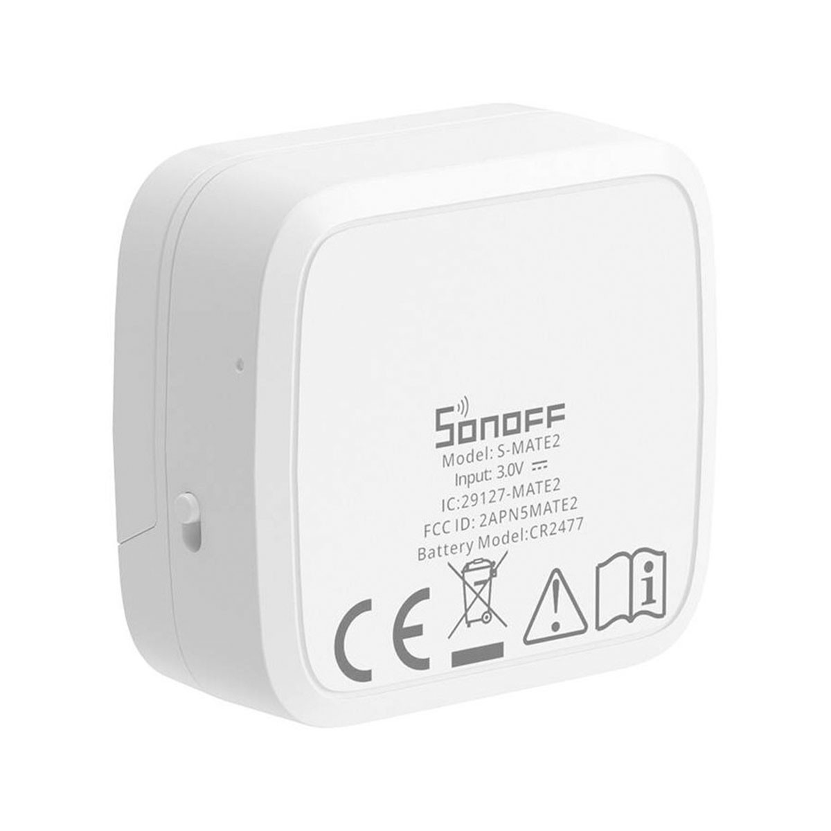 Un dispositivo domestico intelligente SONOFF S-MATE2 bianco che mostra modello e informazioni di ingresso.