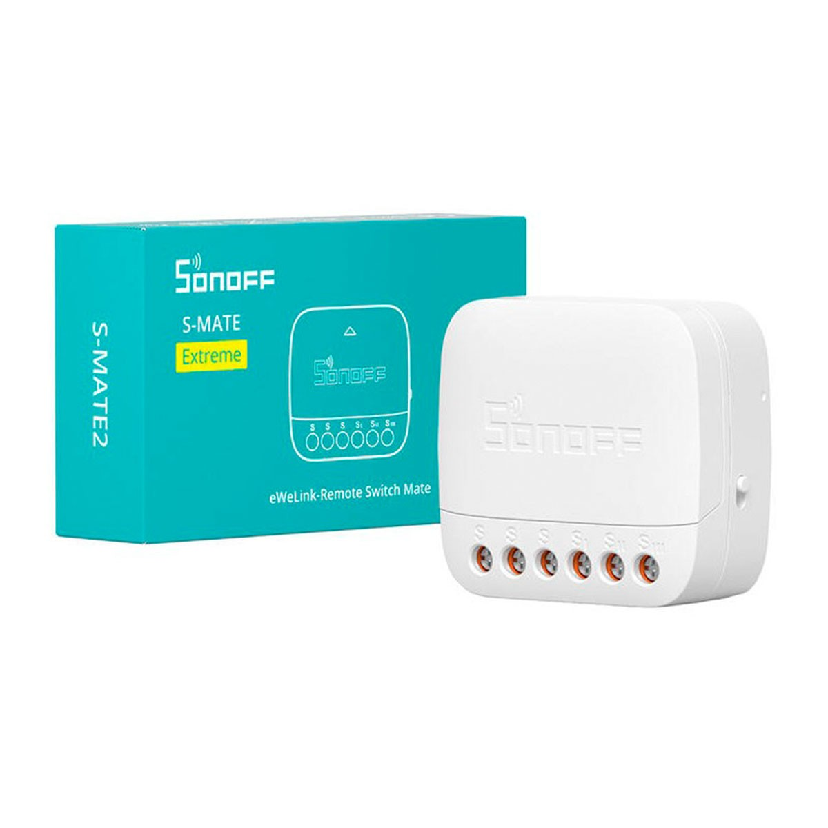 Un dispositivo Sonoff S-MATE Extreme per la smart home e la sua confezione.