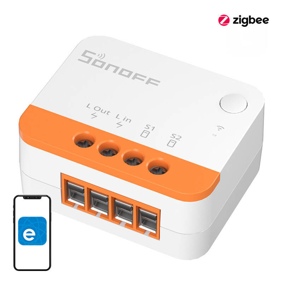 Dispositivo Sonoff Zigbee con finitura arancione, etichettato L, Out, Lin, S1, S2. Icona app telefono.
