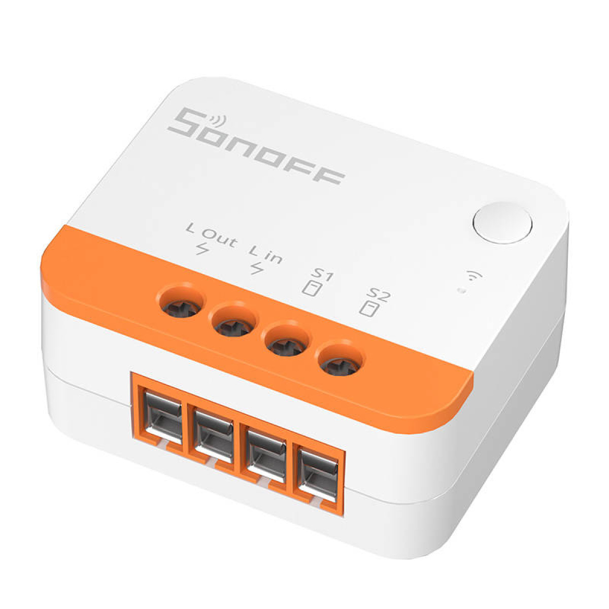 Un interruttore smart Sonoff bianco e arancione con porte etichettate e un singolo pulsante.