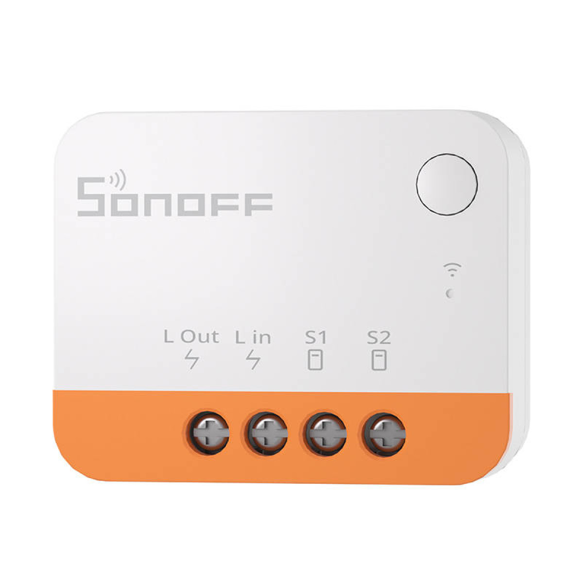 Un relè smart home bianco con base arancione e morsetti a vite.
