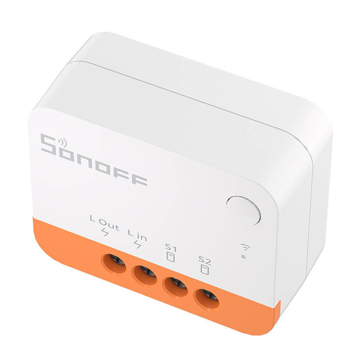 Interruttore smart Sonoff bianco con base arancione, mostra terminali L, Out, Lin, S1, S2.