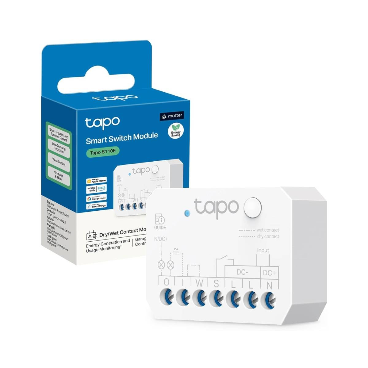 Modulo Smart Switch Tapo S110E e la sua scatola, con connessioni ed etichette.