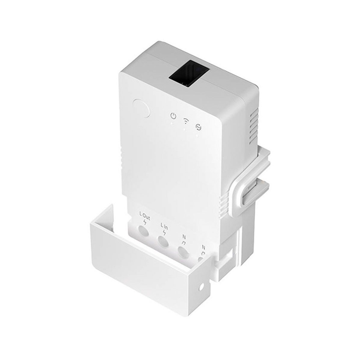 Un dispositivo elettrico bianco e rettangolare con connessioni Lout, Lin, N e NC.