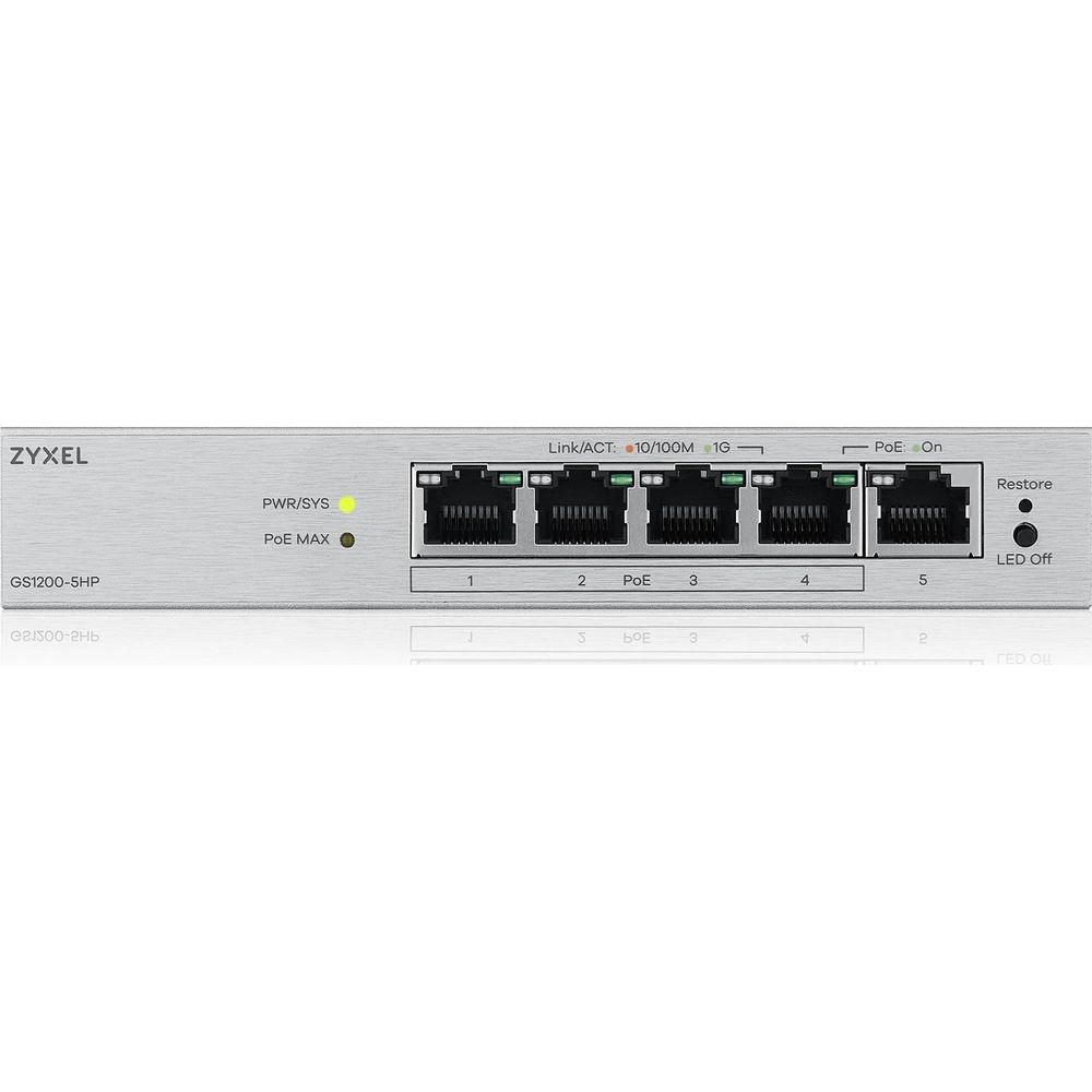 Przełącznik sieciowy Zyxel GS1200-5HP z 5 portami, diodami LED i złączami Ethernet.