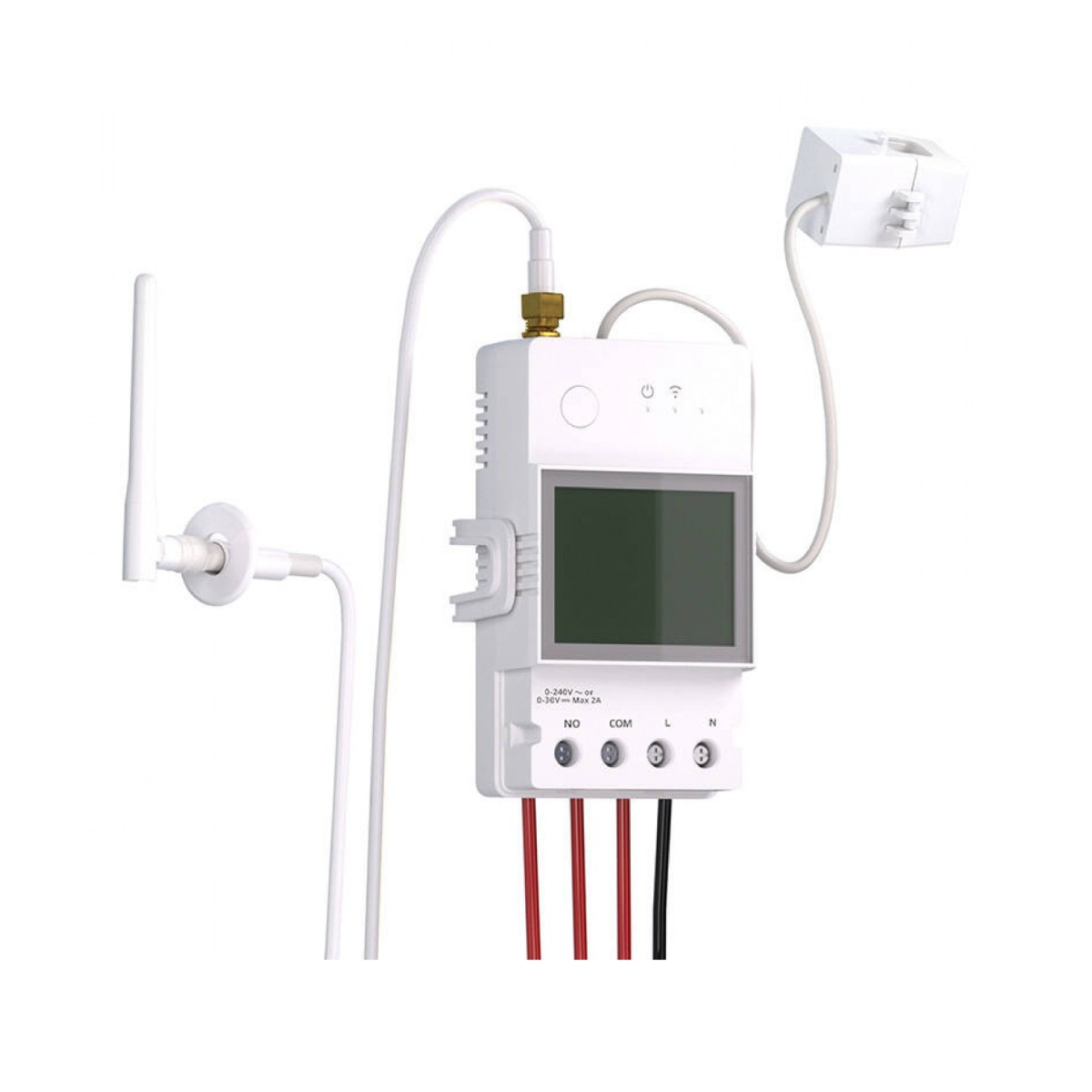 Un dispositivo bianco per la smart home con antenna, schermo e cavi.