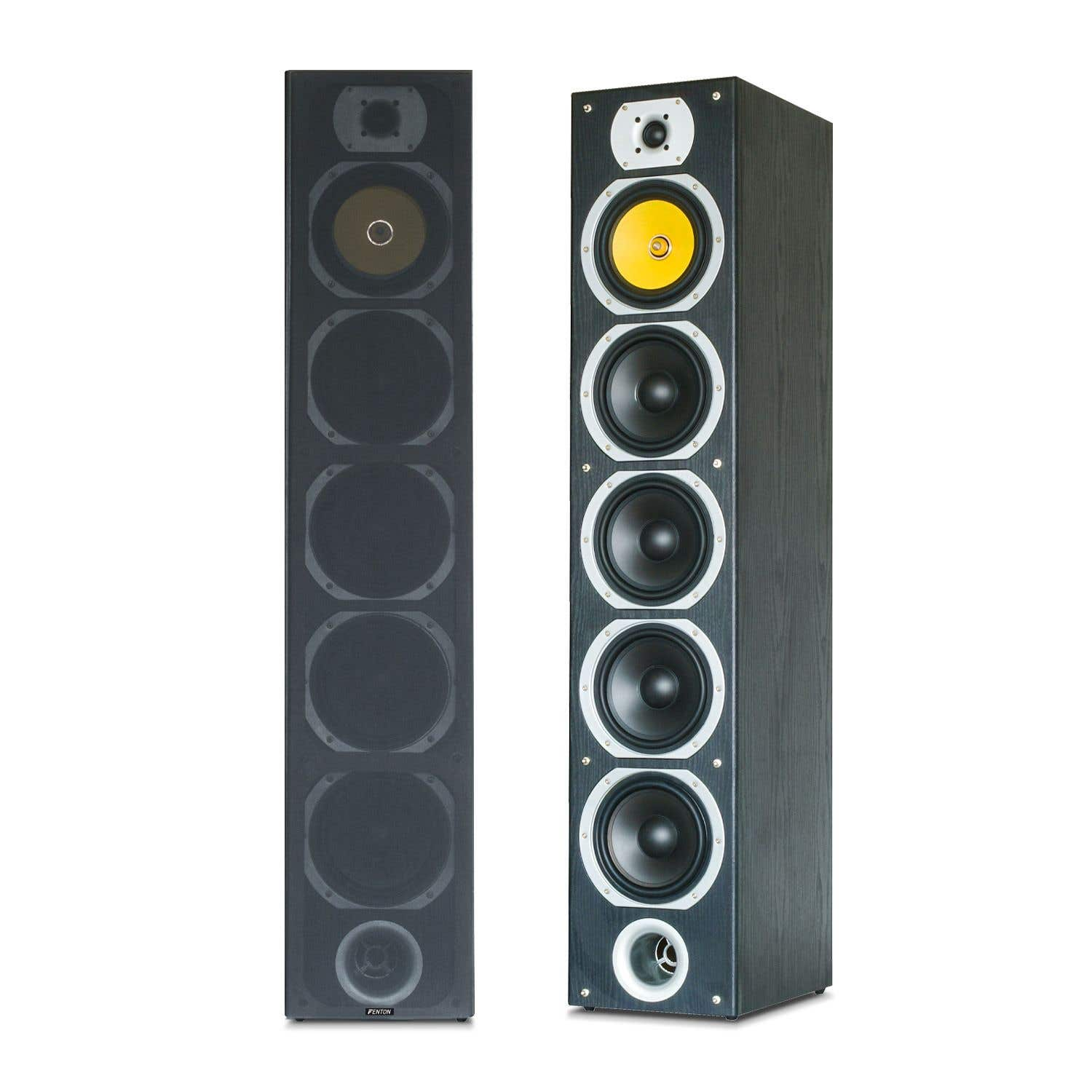 Dos altavoces de suelo negros con varios transductores, uno con cono amarillo.