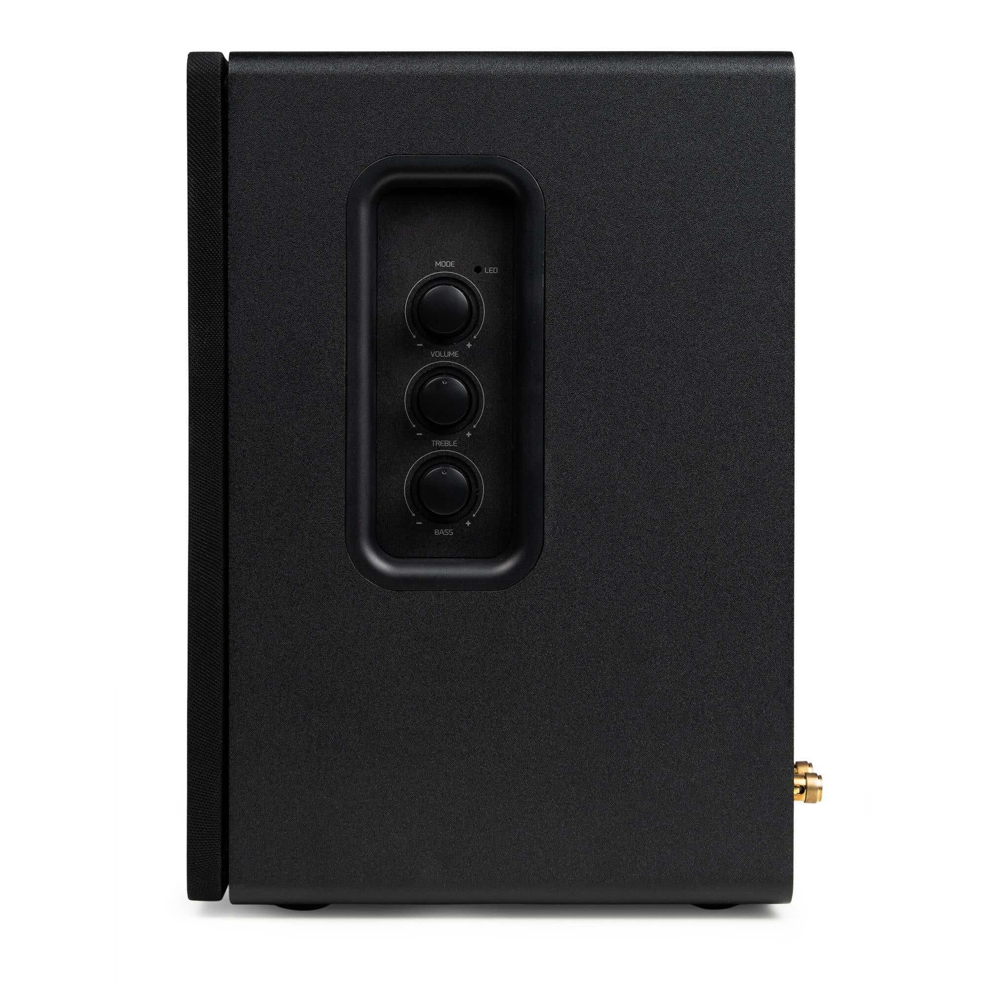Altavoz negro con perillas para controles de volumen, agudos y graves.