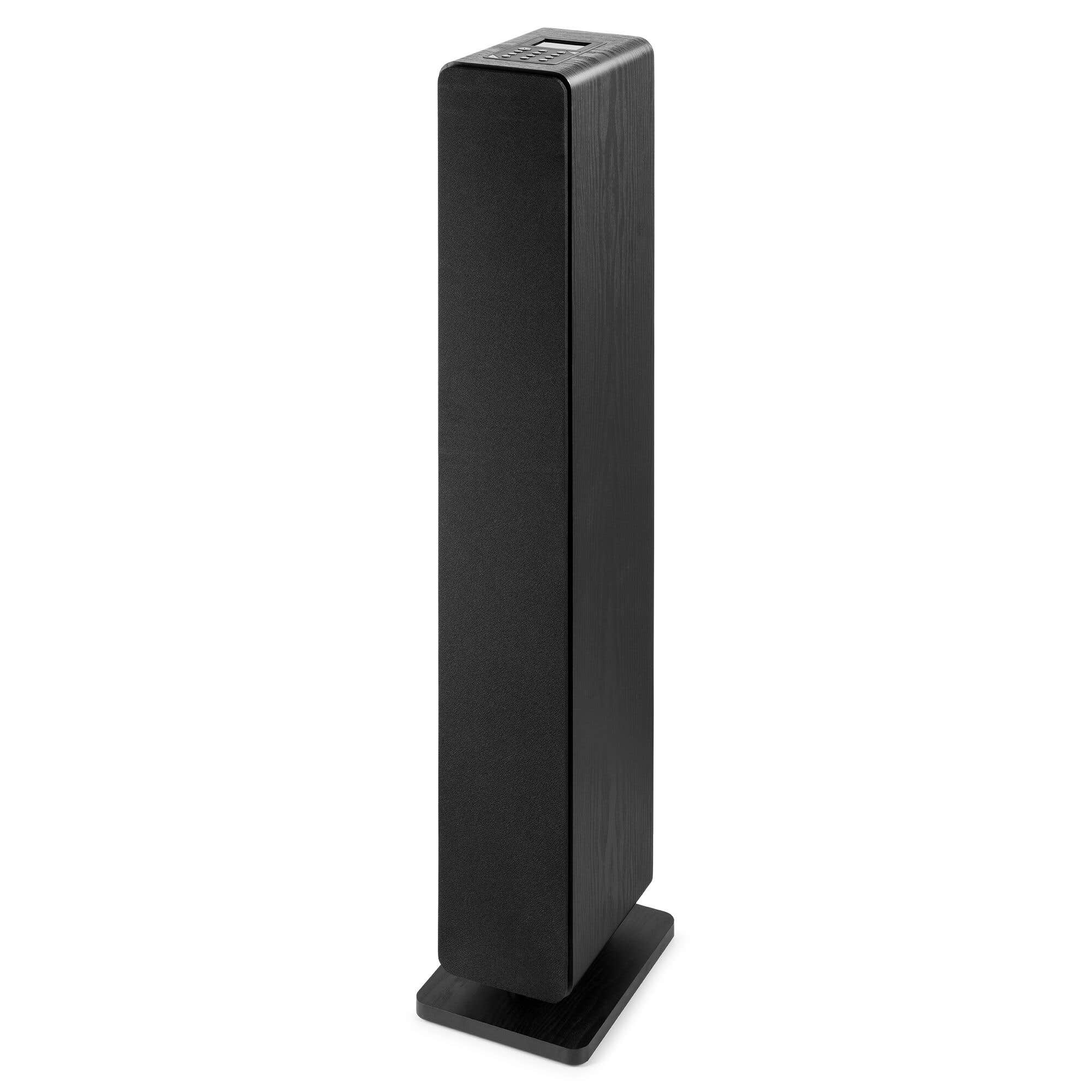 Altavoz de torre negro con acabado veteado de madera y base negra, con pantalla arriba.