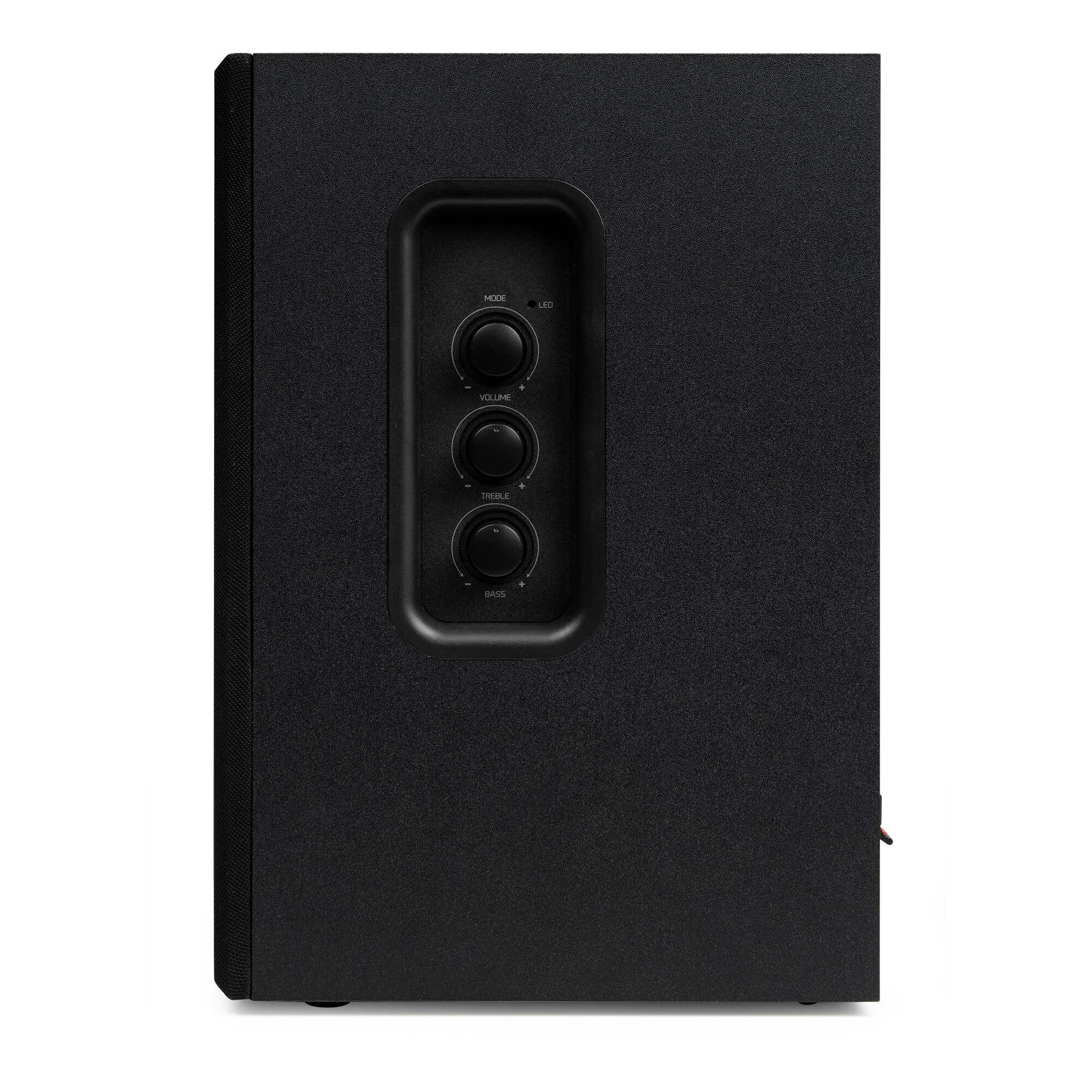Altavoz negro con controles de volumen, agudos, graves, modo e indicador LED.