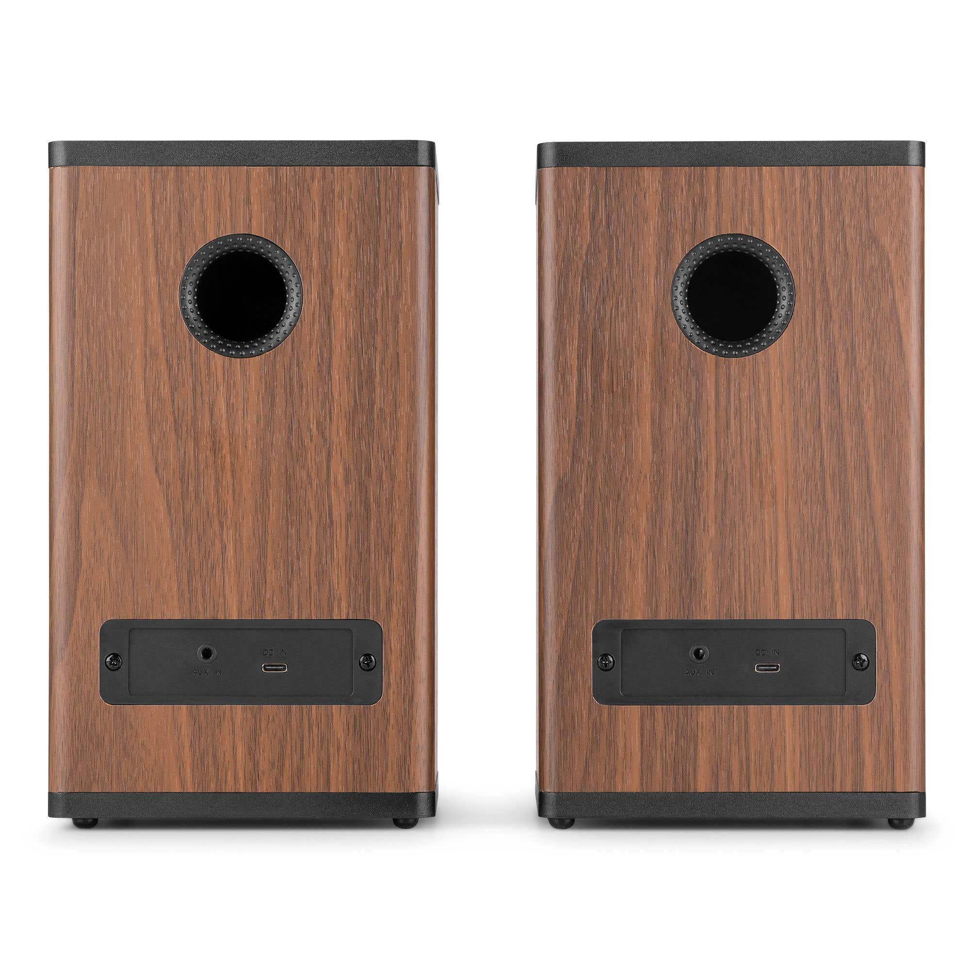 Dos altavoces de madera con anillos negros y puertos traseros. DC IN y AUX IN.