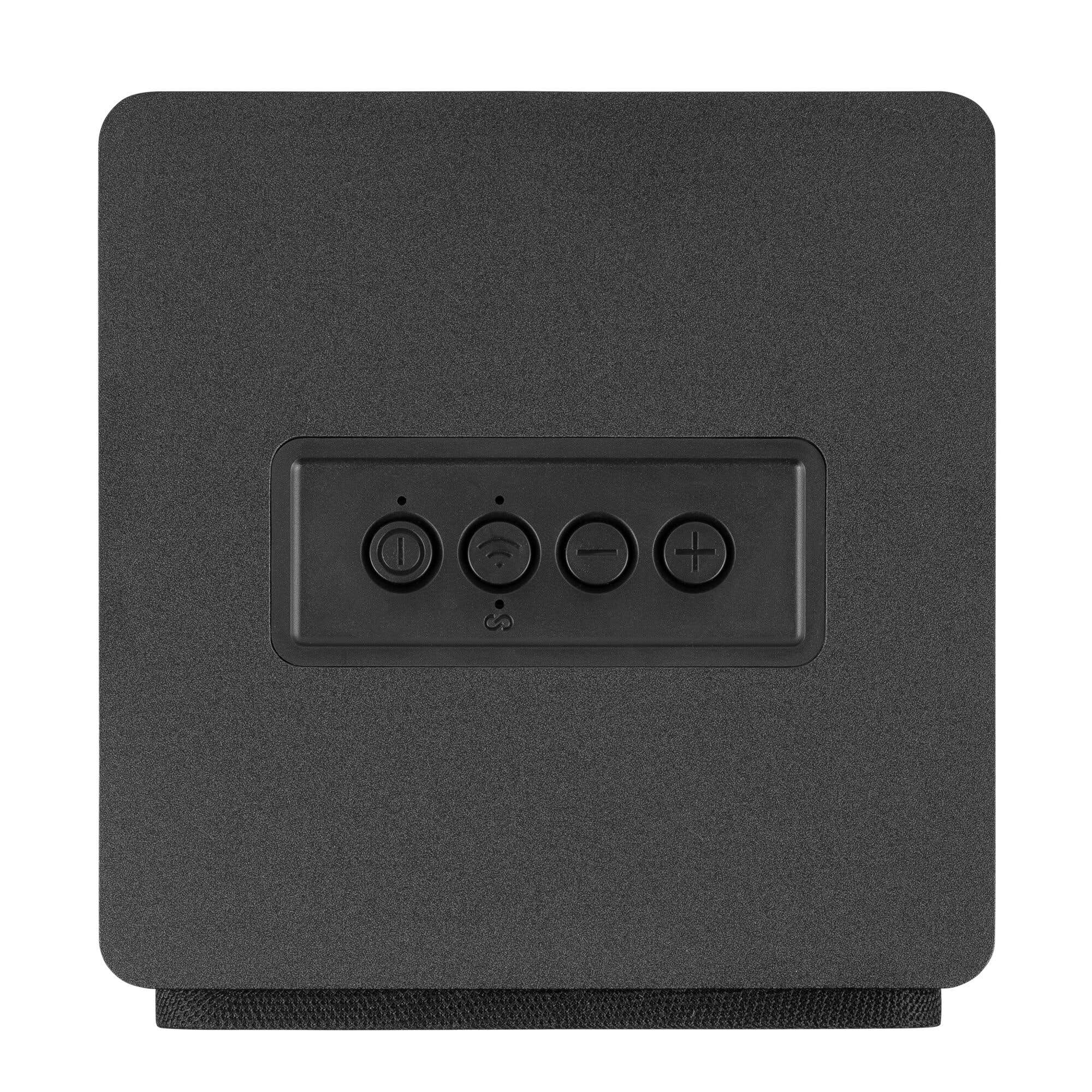Altavoz negro con botones de control: Encendido, WiFi, Bajar volumen y Subir volumen.