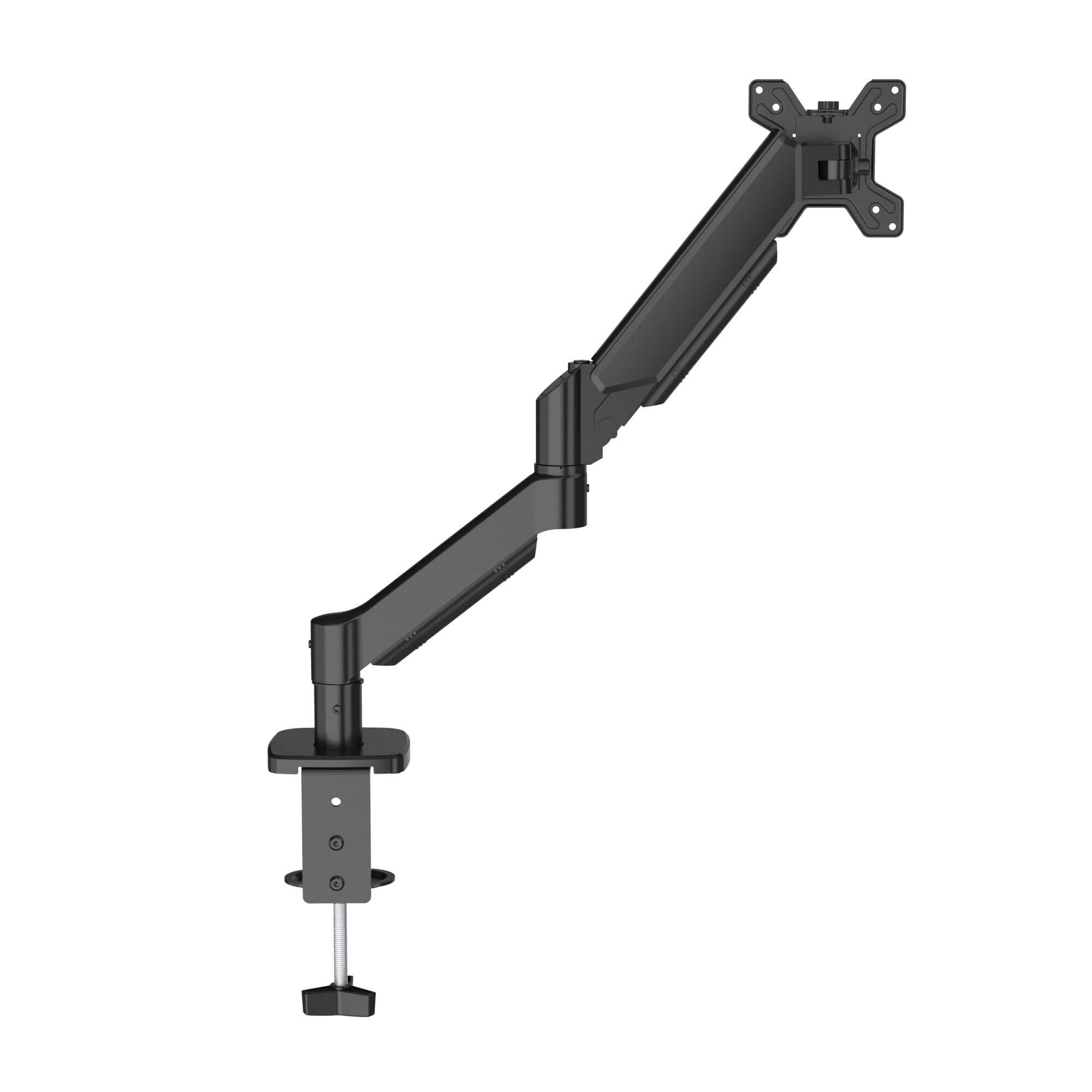 Brazo de monitor negro con abrazadera, ajustable.