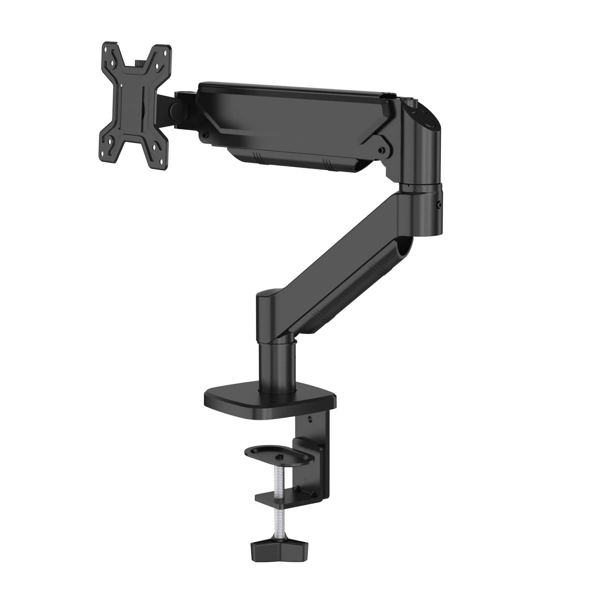 Brazo de monitor negro con abrazadera de escritorio y soporte VESA.
