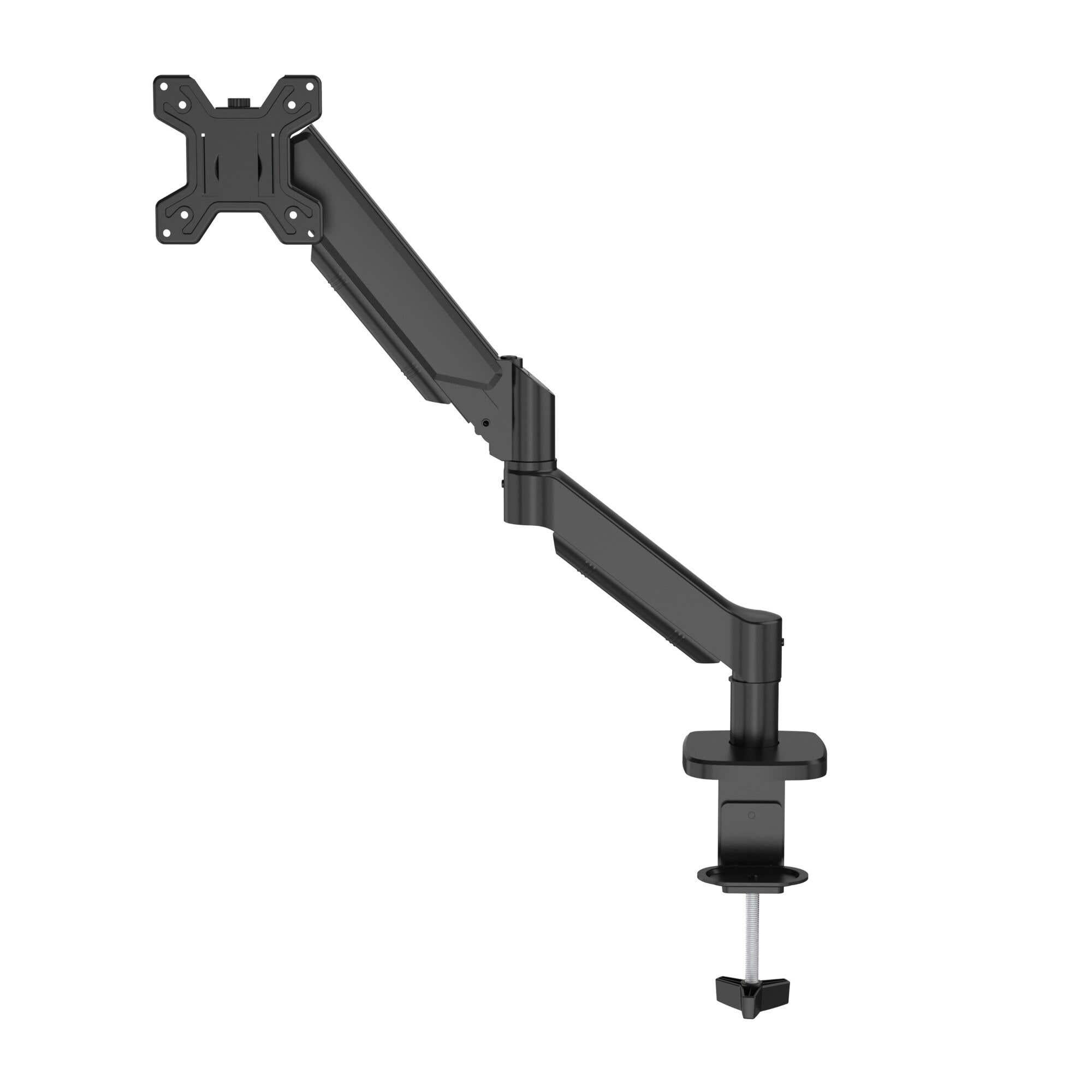 Brazo de monitor negro con abrazadera de escritorio y soporte VESA.