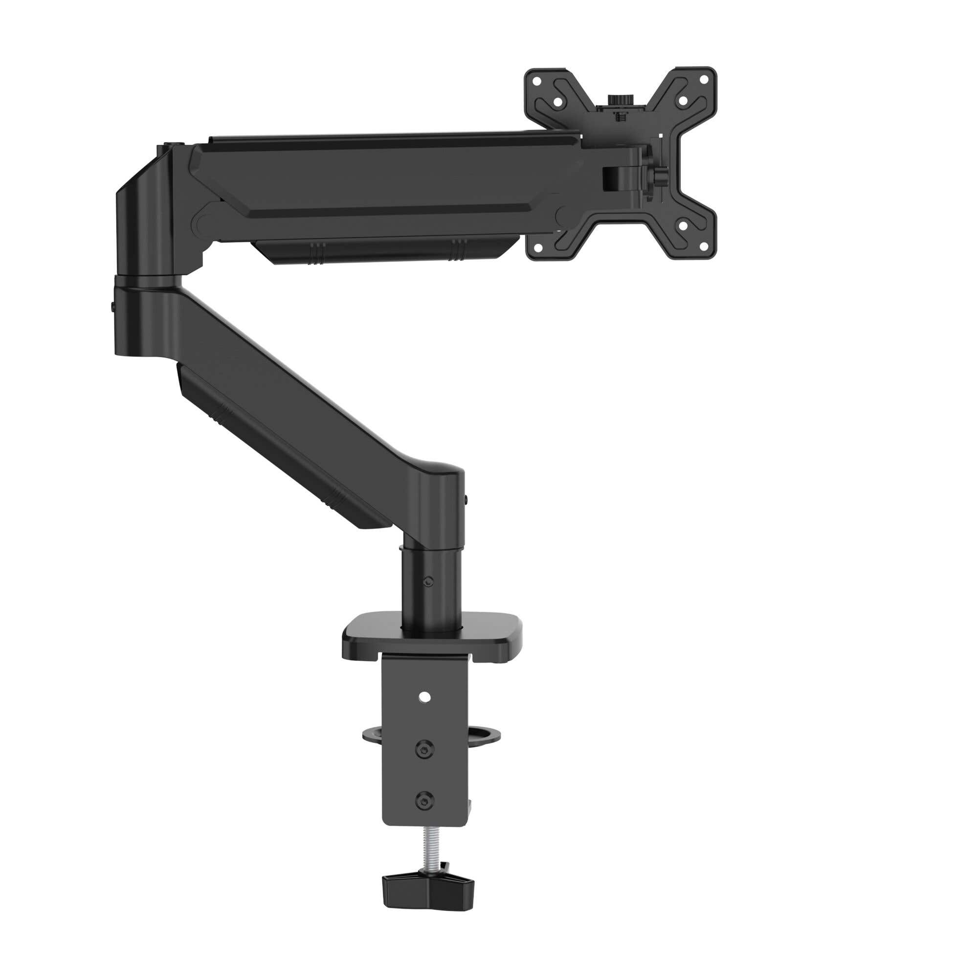 Un brazo de monitor negro con abrazadera y soporte VESA sobre fondo blanco.