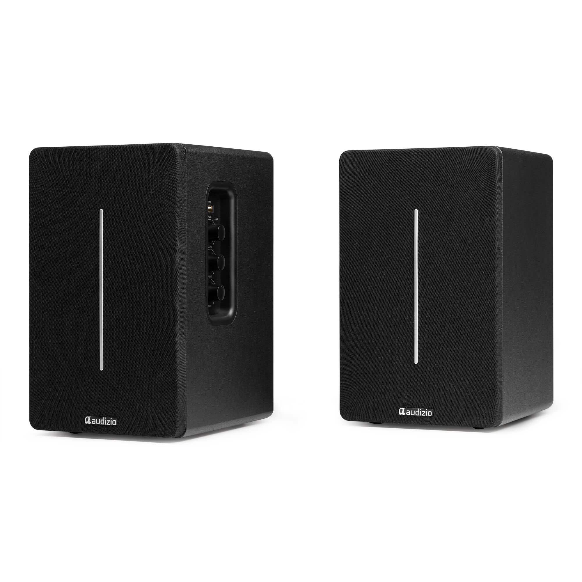 Dos altavoces negros con franja blanca vertical y logo.