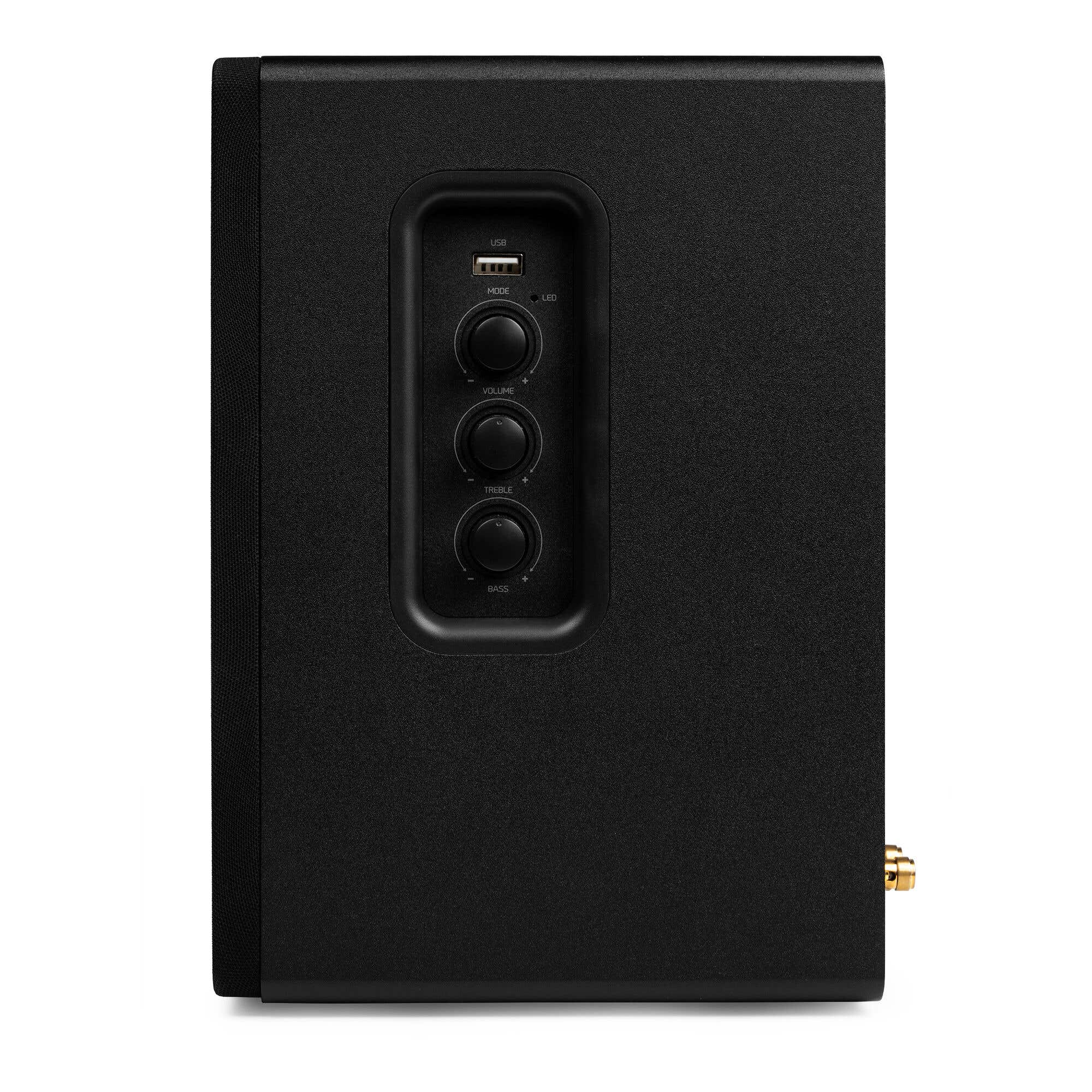 Altavoz negro con controles: USB, Modo, Volumen, Agudos y Graves.