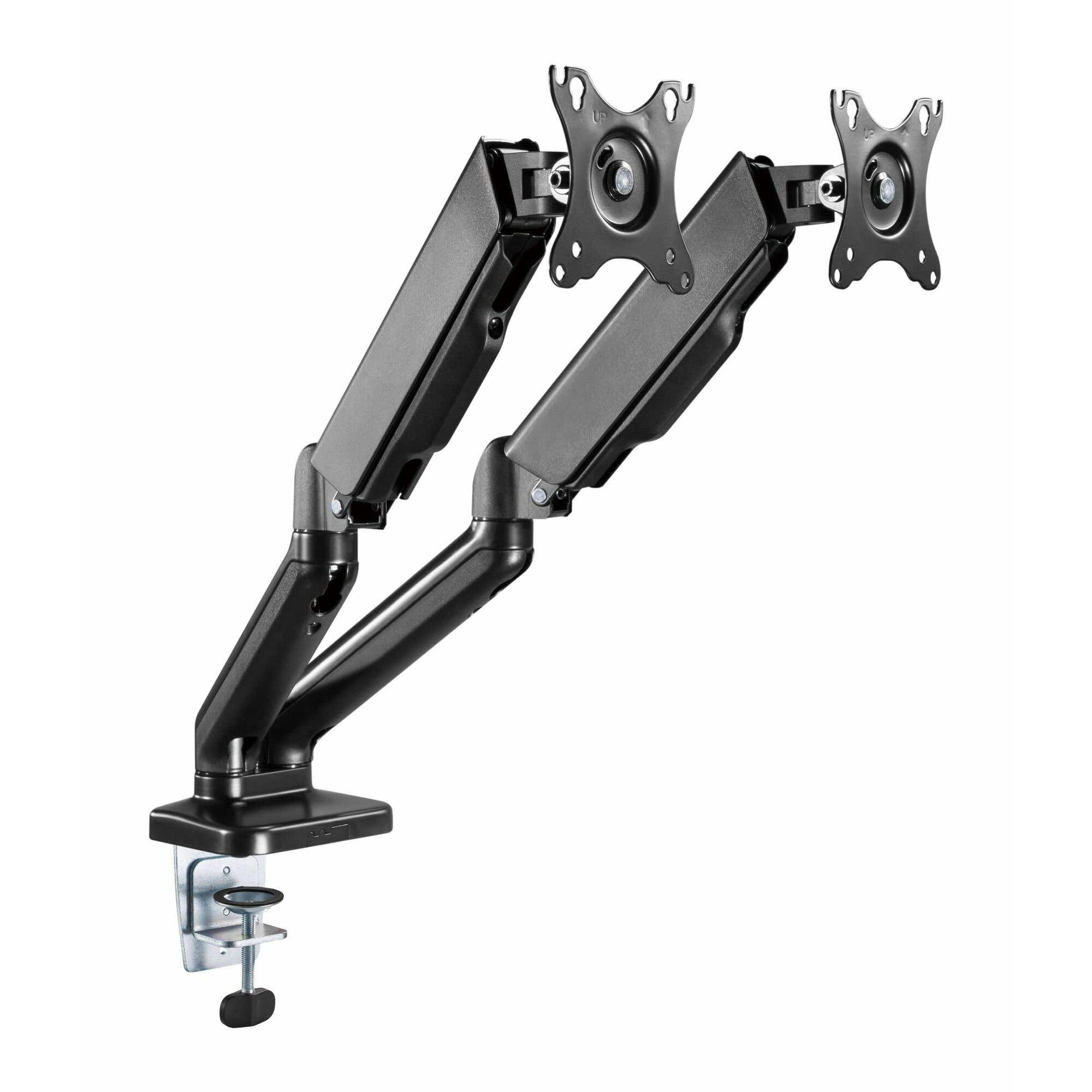 Black dual monitor desk mount with adjustable arms and clamp base.