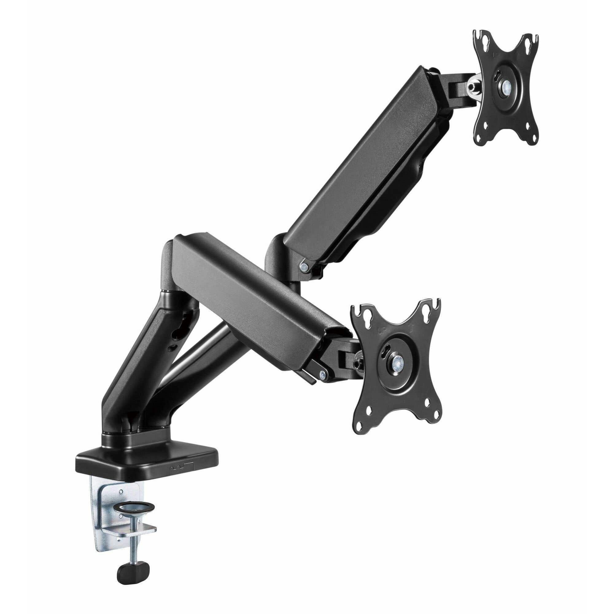 Black dual monitor arm with clamp base and VESA plates.