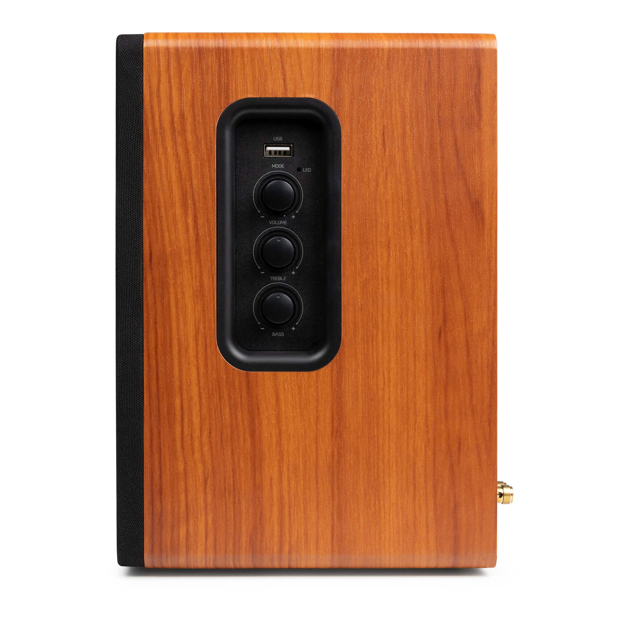 Caja de madera con controles negros: USB, Modo, Volumen, Agudos, Graves.