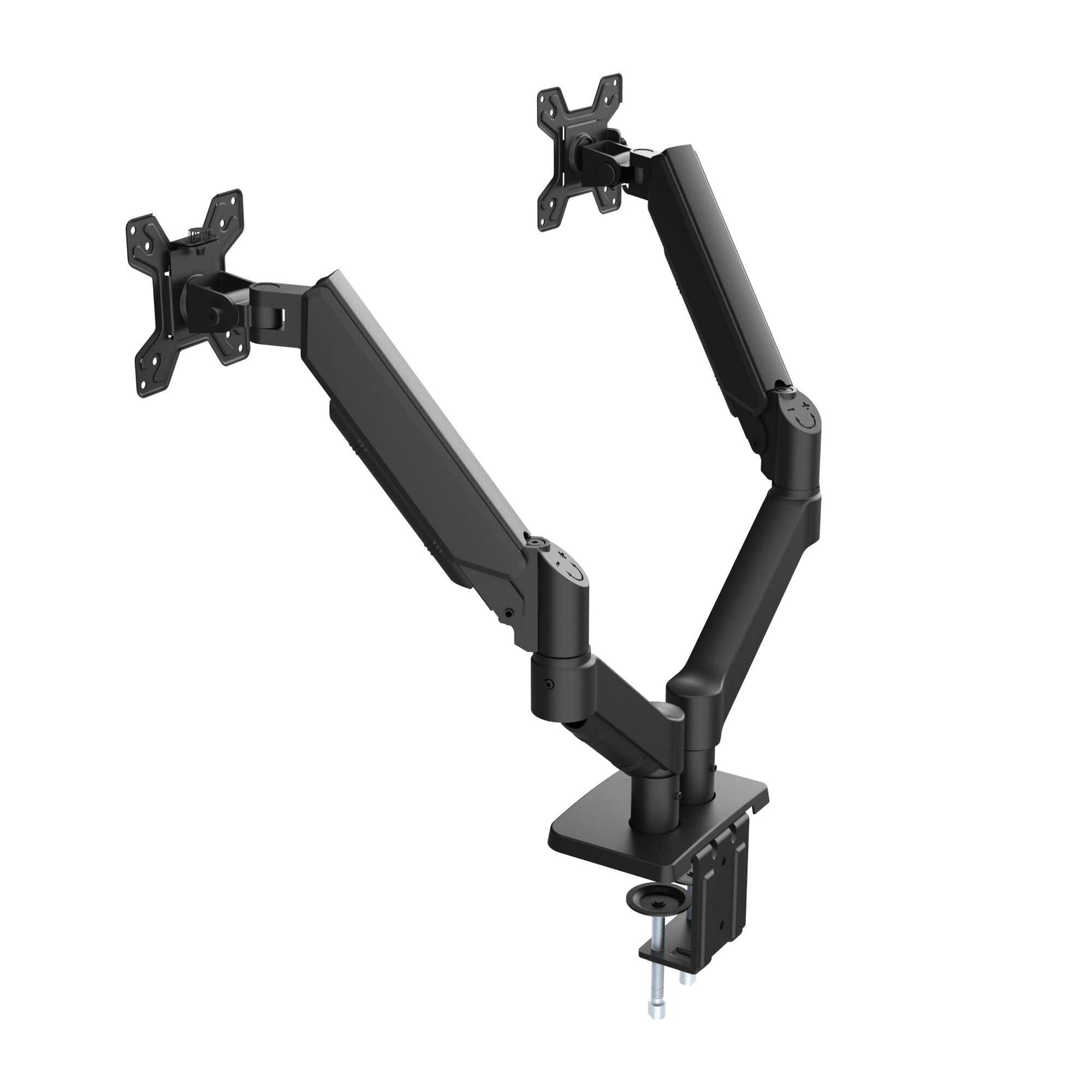 Un brazo doble para monitor negro con base de abrazadera y dos soportes VESA.
