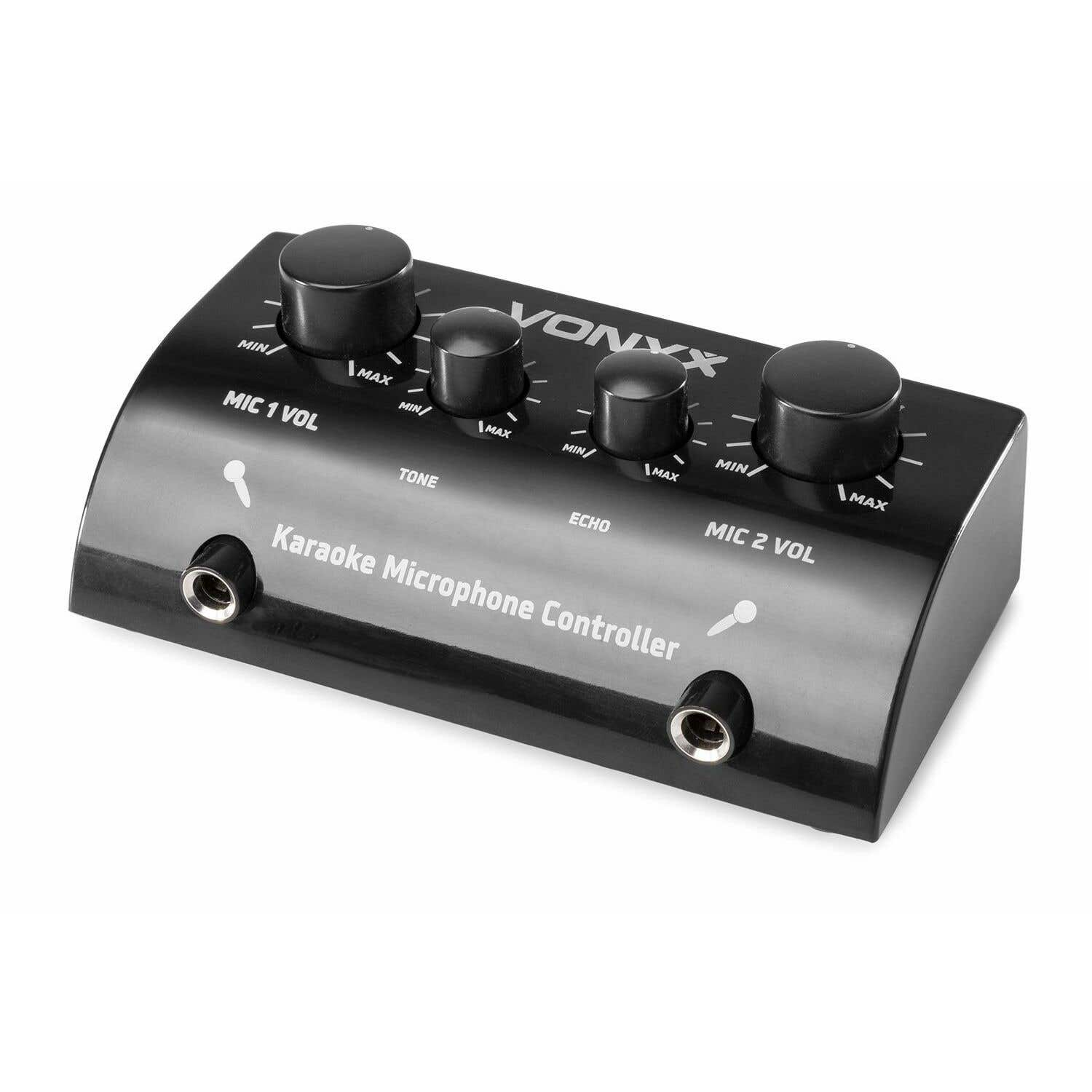 Zwarte Vonyx karaoke microfooncontroller met drie knoppen, gelabeld MIC 1 VOL, TONE, ECHO, MIC 2 VOL.