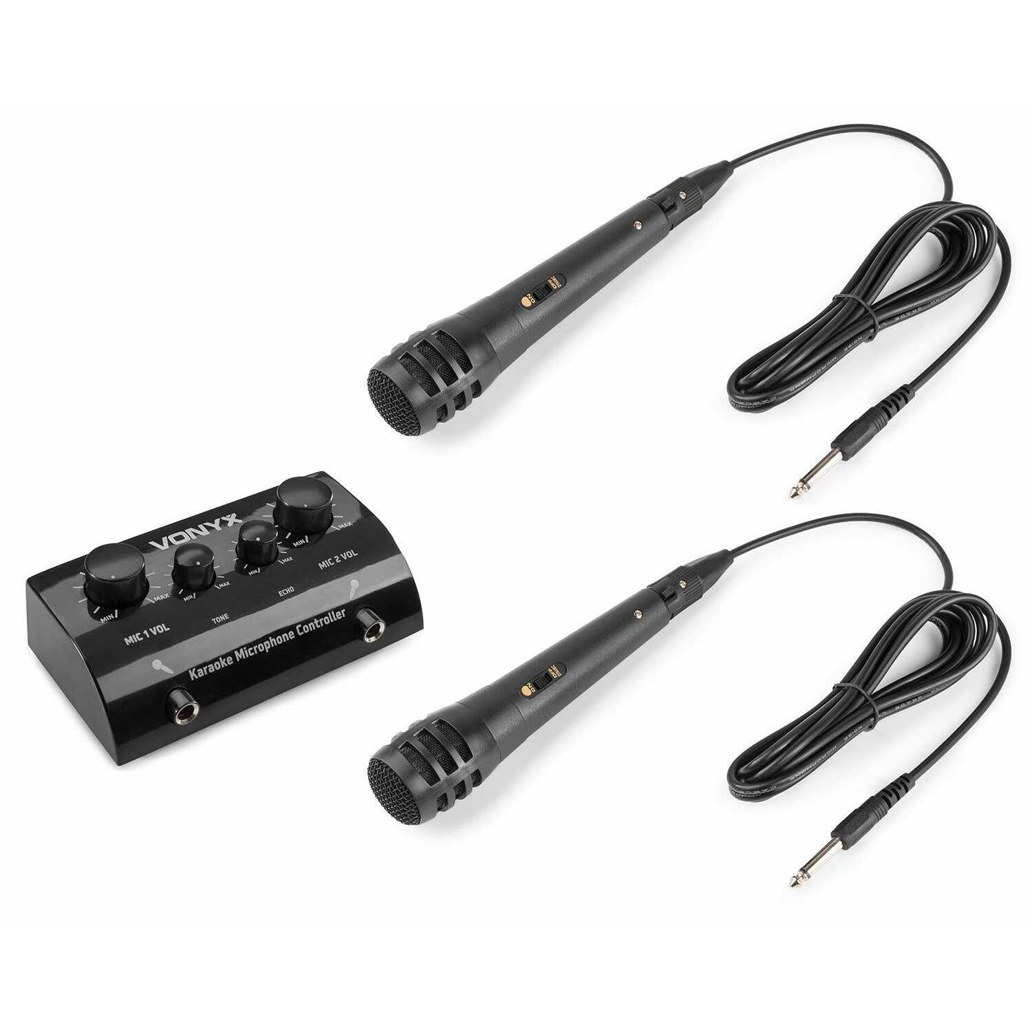 Een zwarte karaoke microfoon controller met twee microfoons en kabels.