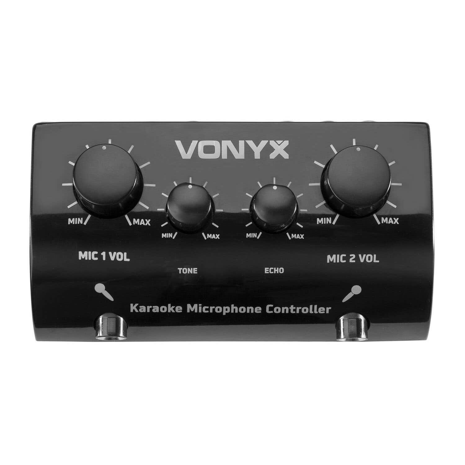 Zwarte Vonyx karaoke microfoon controller met vier knoppen en twee microfoon ingangen.