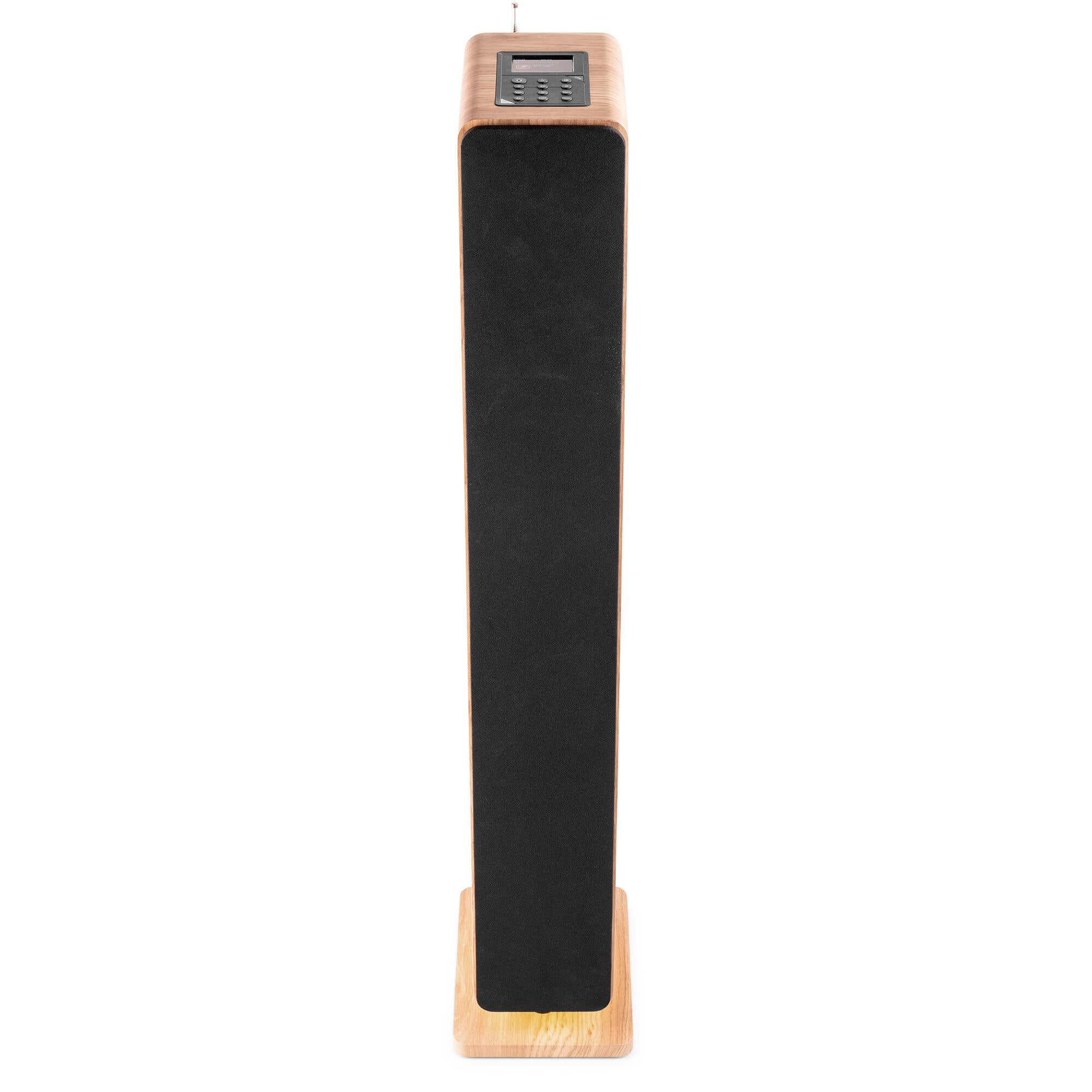 Un altavoz alto y delgado con chapa de madera y rejilla de tela negra.