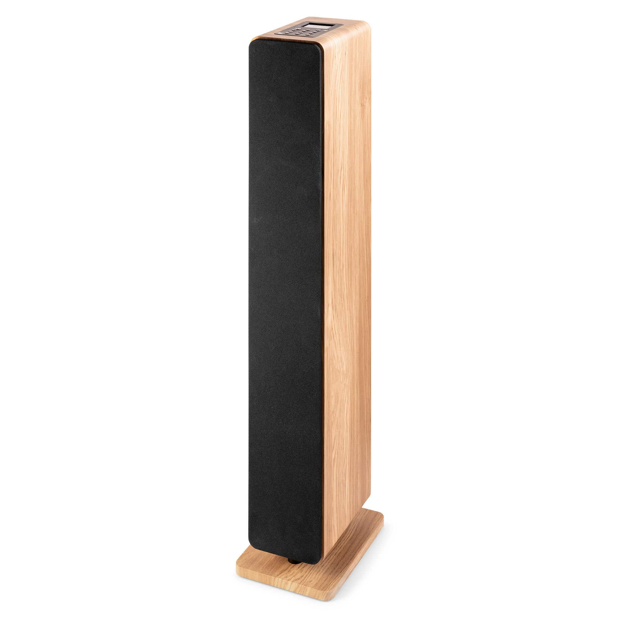 Un altavoz delgado de madera con rejilla negra y base de madera.